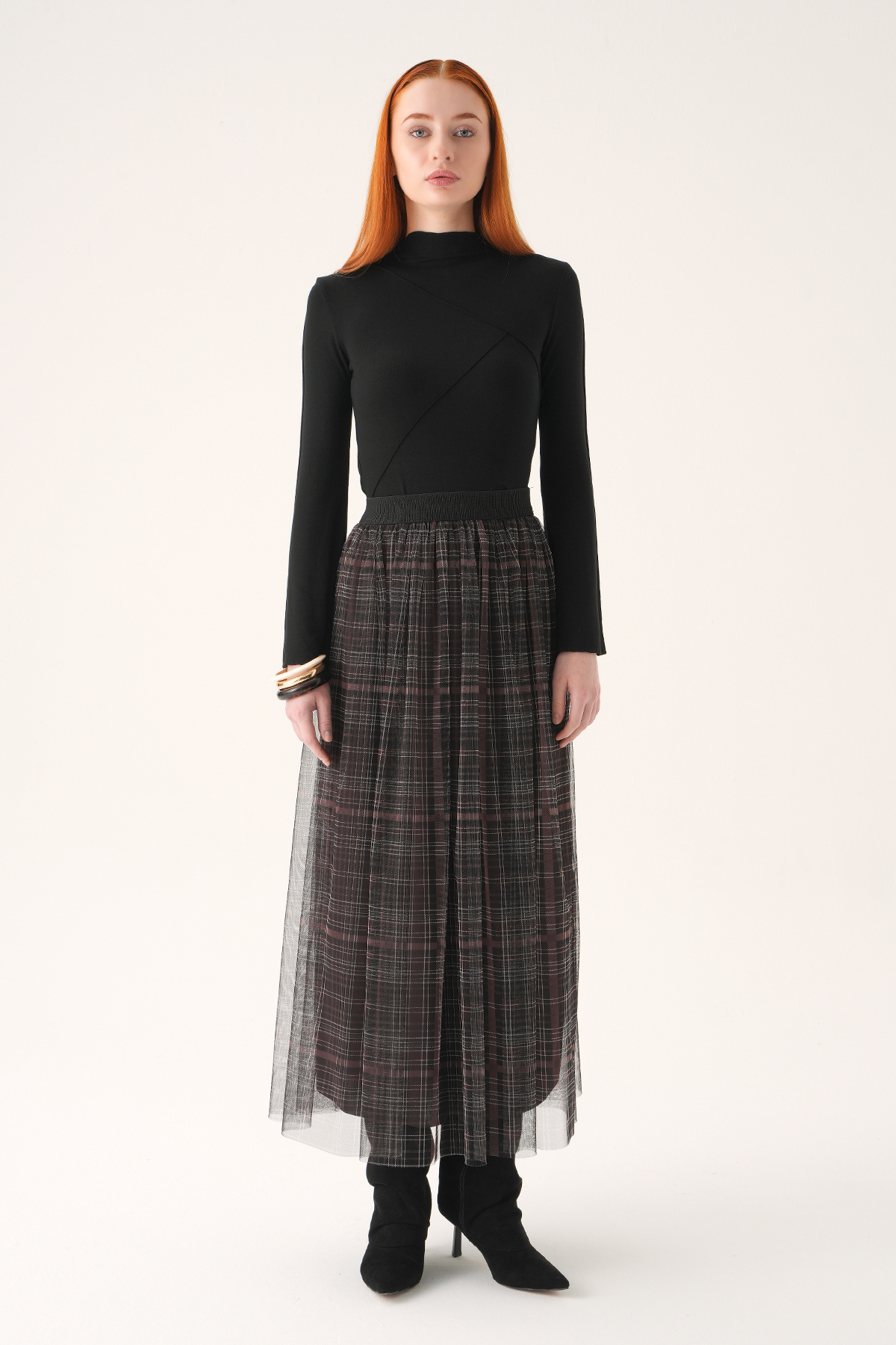 Kahve Ecose Desen Tüllü Etek 8468A - 2