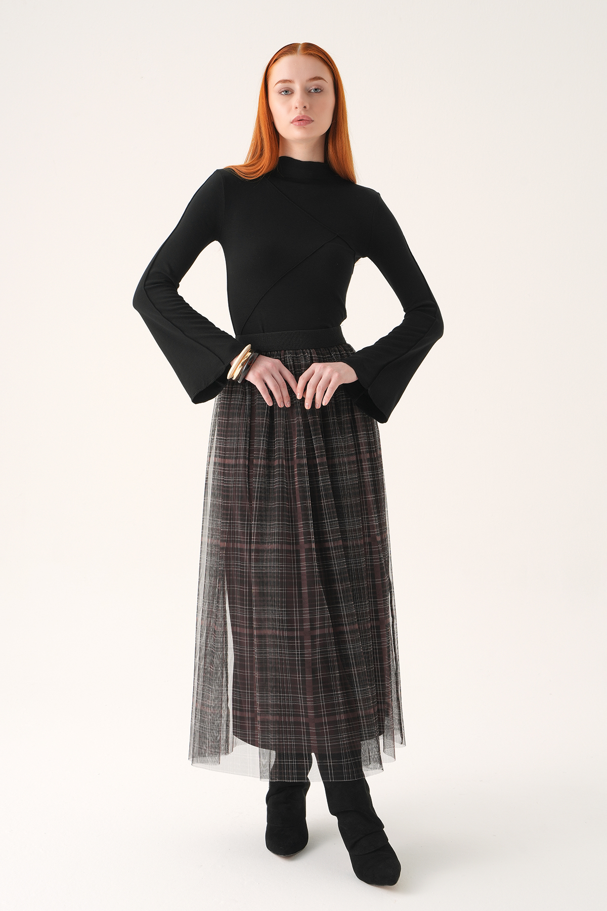 Kahve Ecose Desen Tüllü Etek 8468A - RAYS