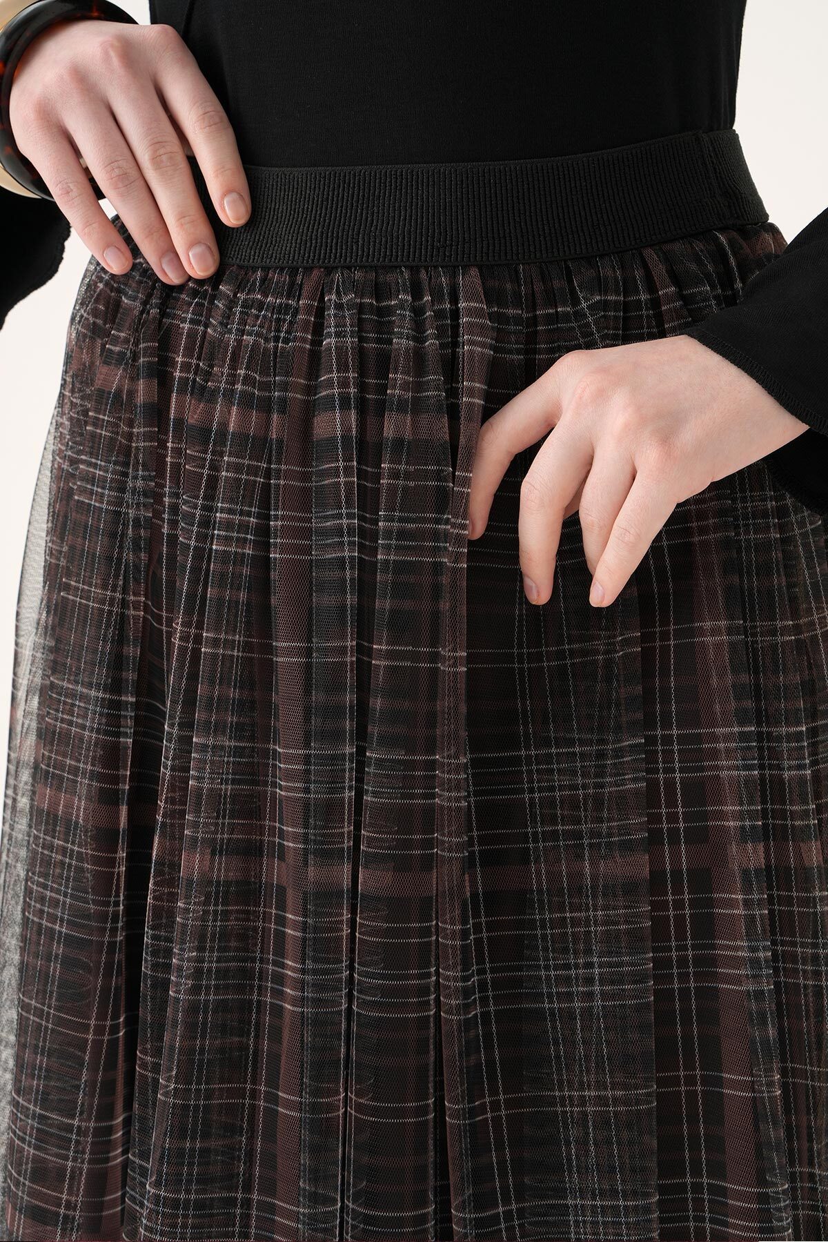 Kahve Ecose Desen Tüllü Etek 8468A - RAYS