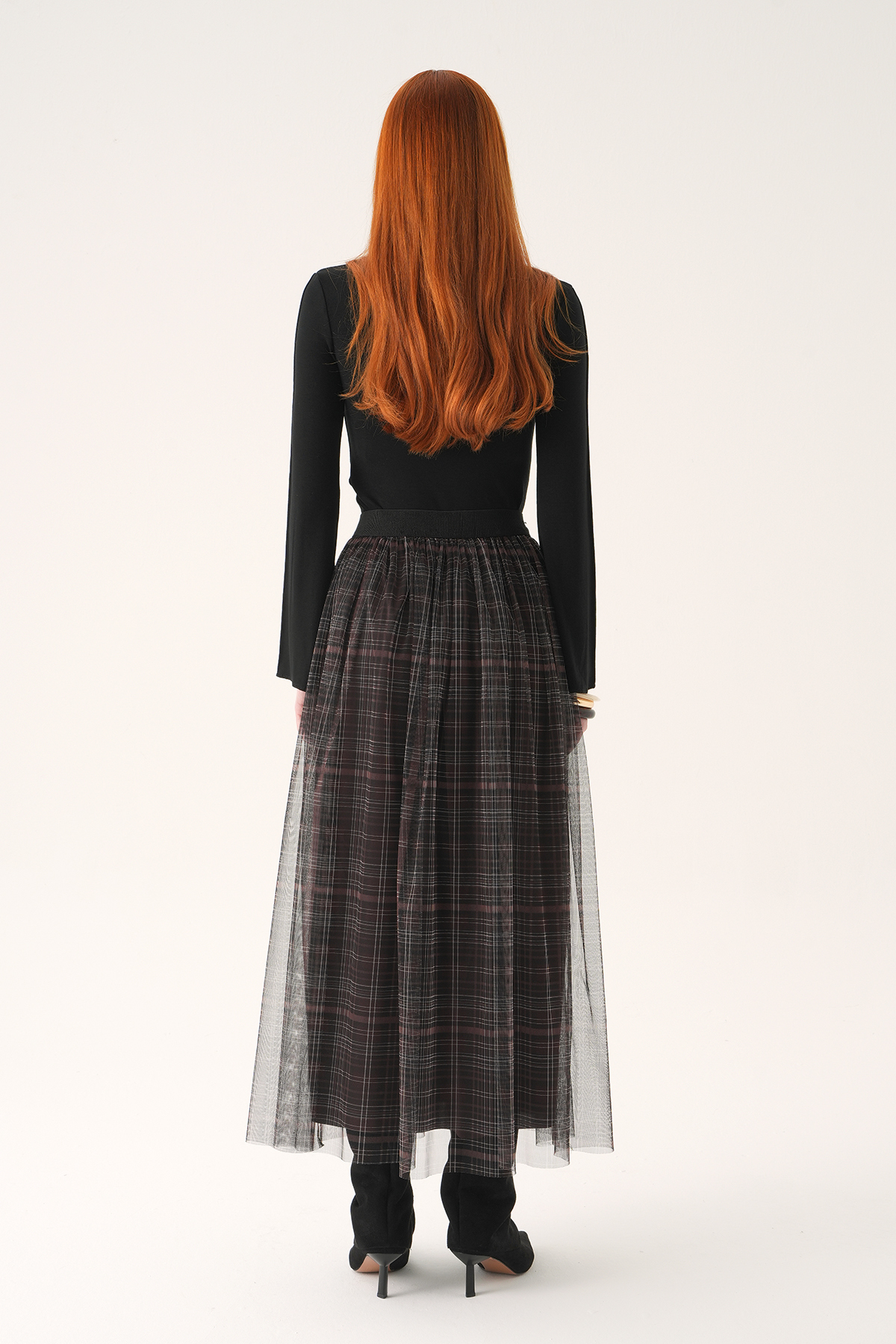 Kahve Ecose Desen Tüllü Etek 8468A - 5