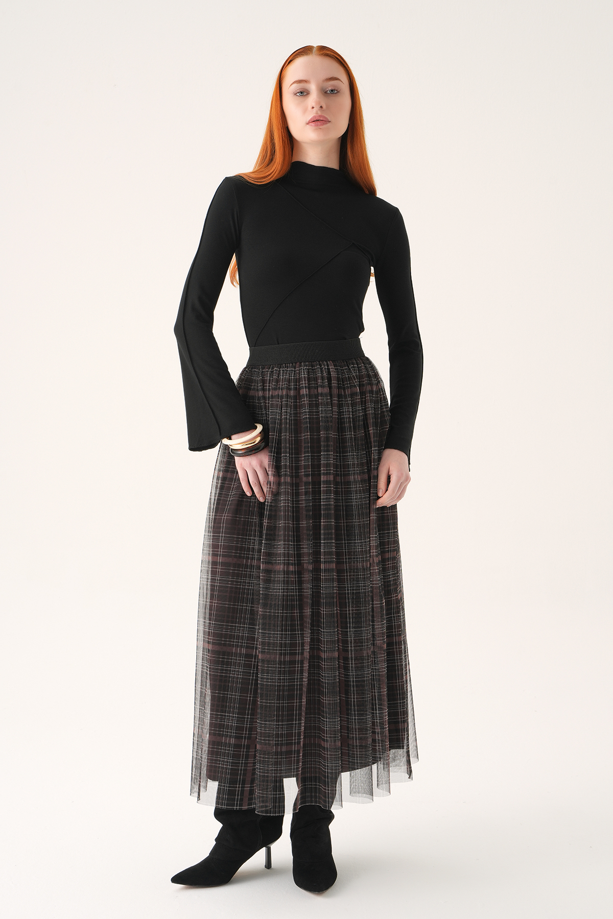 Kahve Ecose Desen Tüllü Etek 8468A - 6