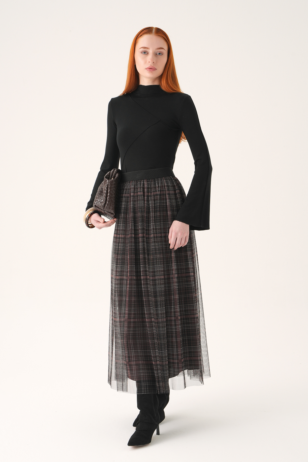 Kahve Ecose Desen Tüllü Etek 8468A - 7