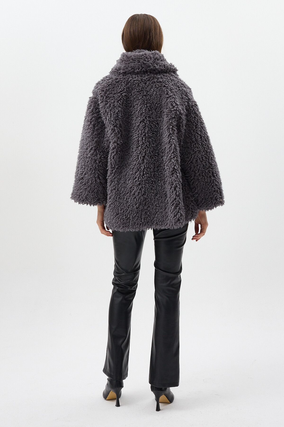 Antrasit Çıt Çıtlı Peluş Kadın Kaban 8471 - 5