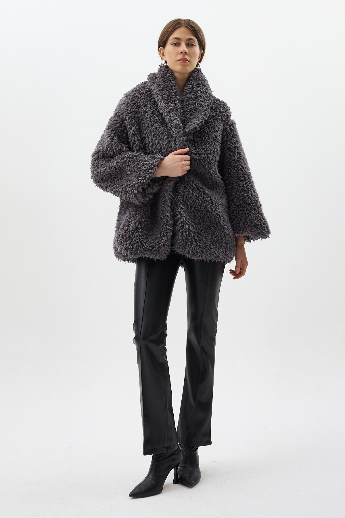 Antrasit Çıt Çıtlı Peluş Kadın Kaban 8471 - 3