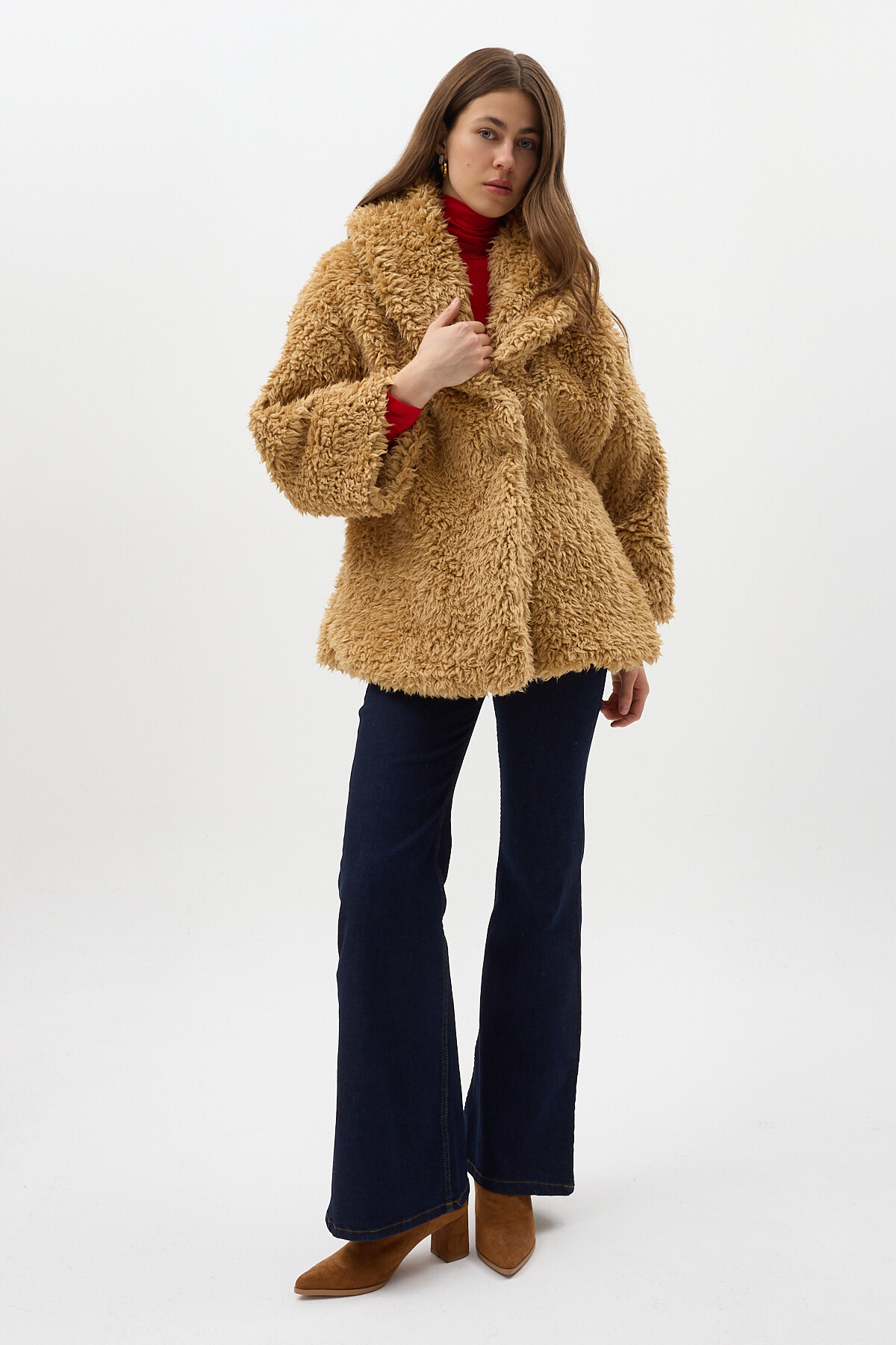 Camel Çıt Çıtlı Peluş Kadın Kaban 8471 - 6