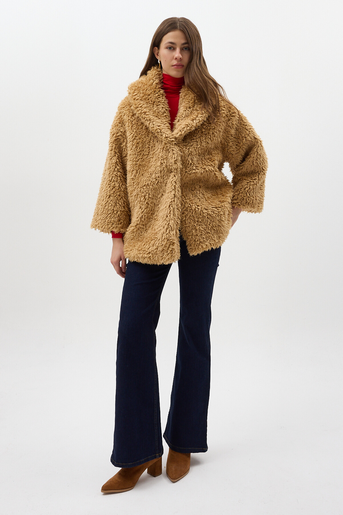 Camel Çıt Çıtlı Peluş Kadın Kaban 8471 - 3