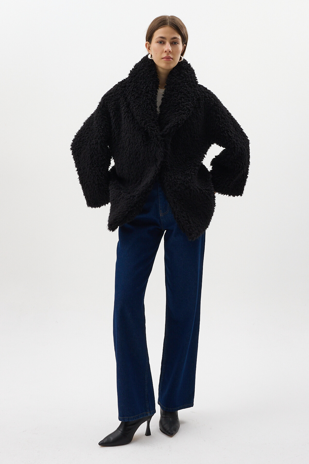 Siyah Çıt Çıtlı Peluş Kadın Kaban 8471 - 6