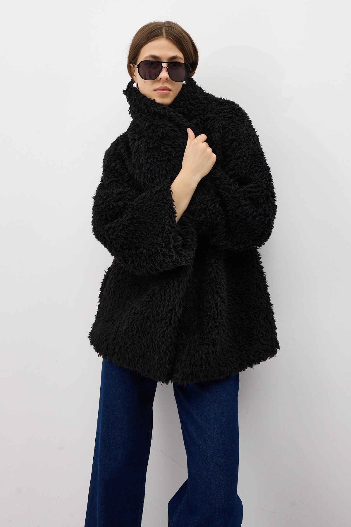 Siyah Çıt Çıtlı Peluş Kadın Kaban 8471 - 7