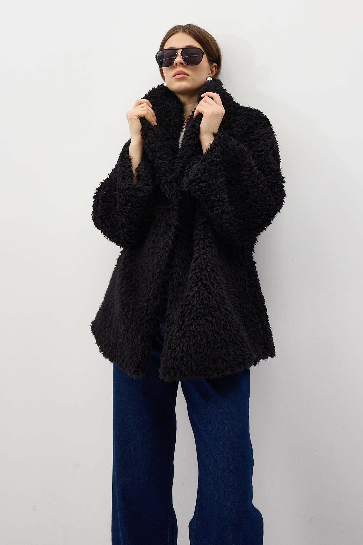 Siyah Çıt Çıtlı Peluş Kadın Kaban 8471 - RAYS