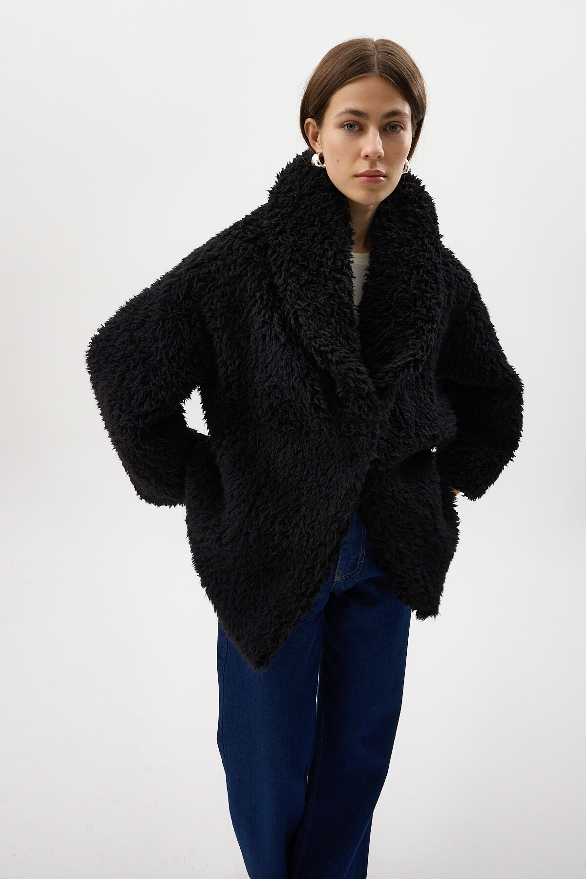 Siyah Çıt Çıtlı Peluş Kadın Kaban 8471 - 2