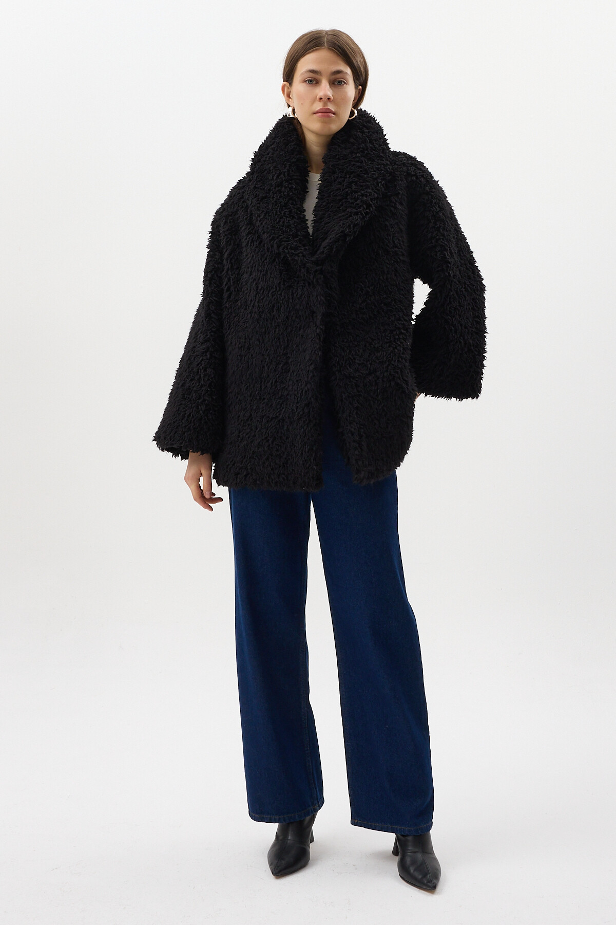 Siyah Çıt Çıtlı Peluş Kadın Kaban 8471 - RAYS