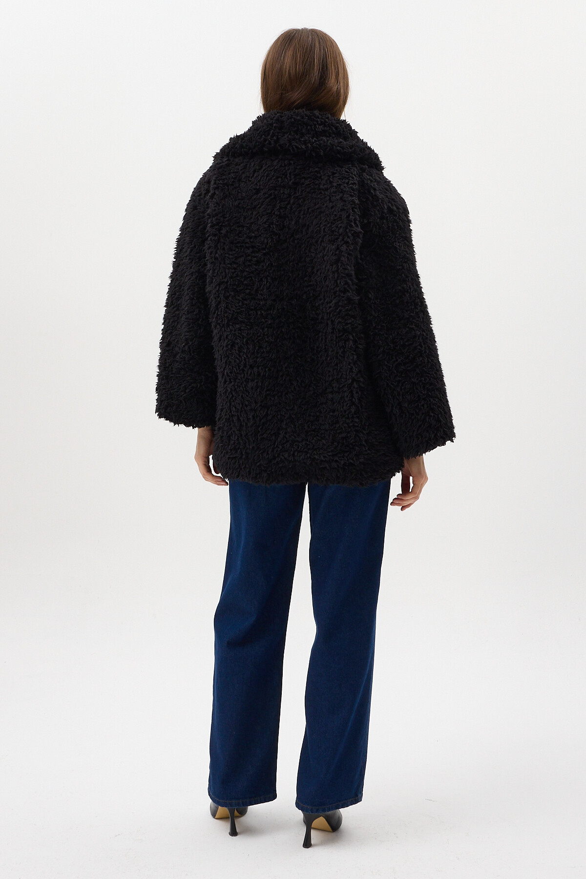 Siyah Çıt Çıtlı Peluş Kadın Kaban 8471 - 5