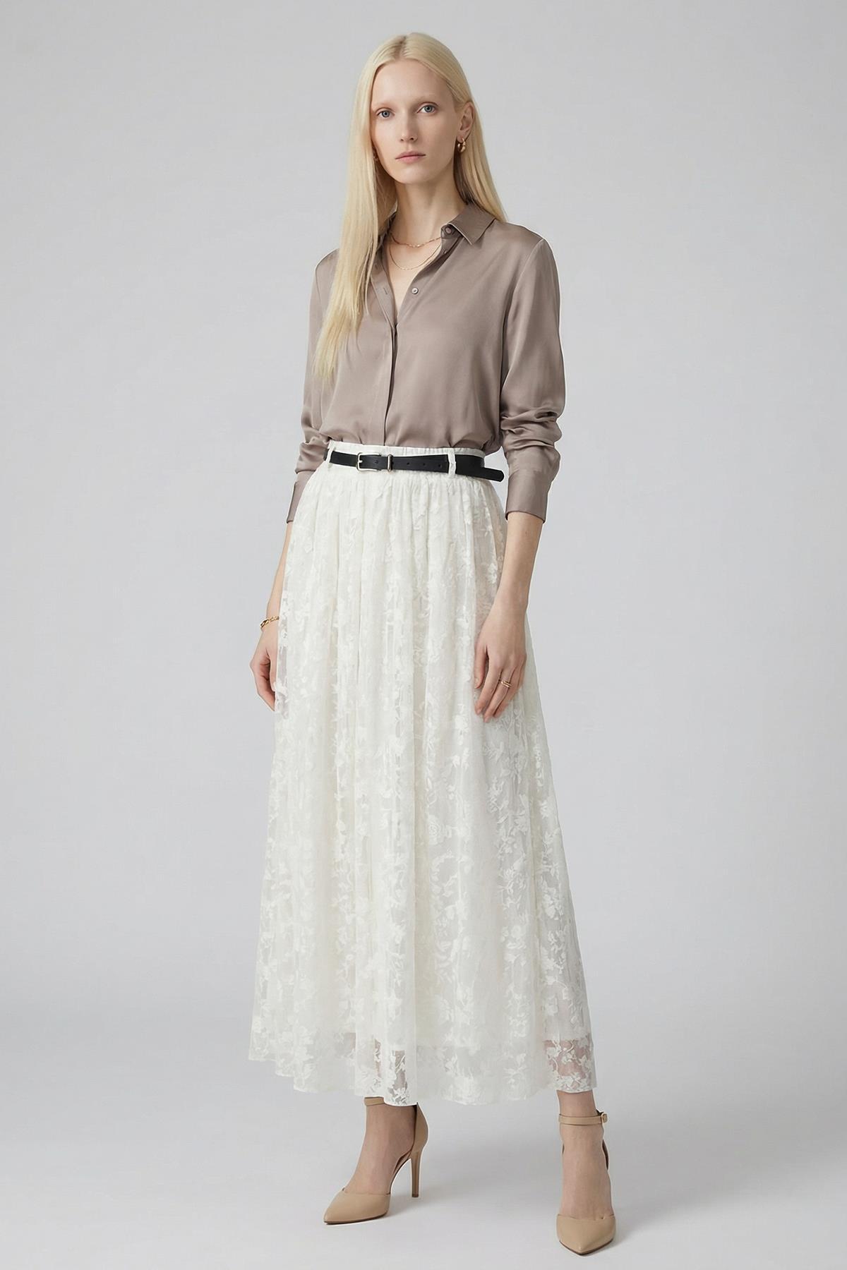 Ekru Kemerli Flok Desen Etek 8471A - 1