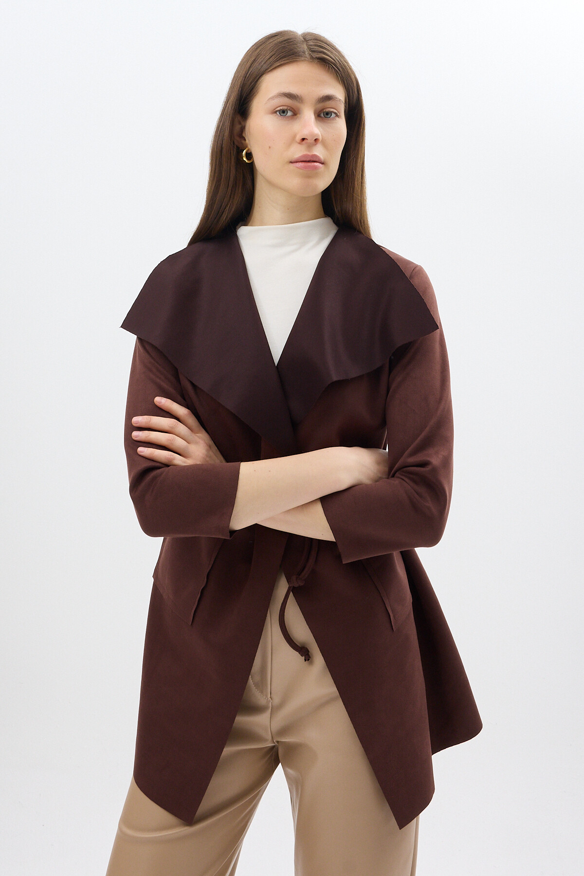 Kahverengi Bel Bağlamalı Şal Yaka Kadın Kaban 8472 - 6