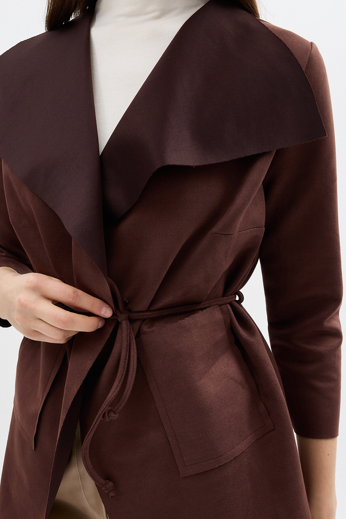 Kahverengi Bel Bağlamalı Şal Yaka Kadın Kaban 8472 - RAYS