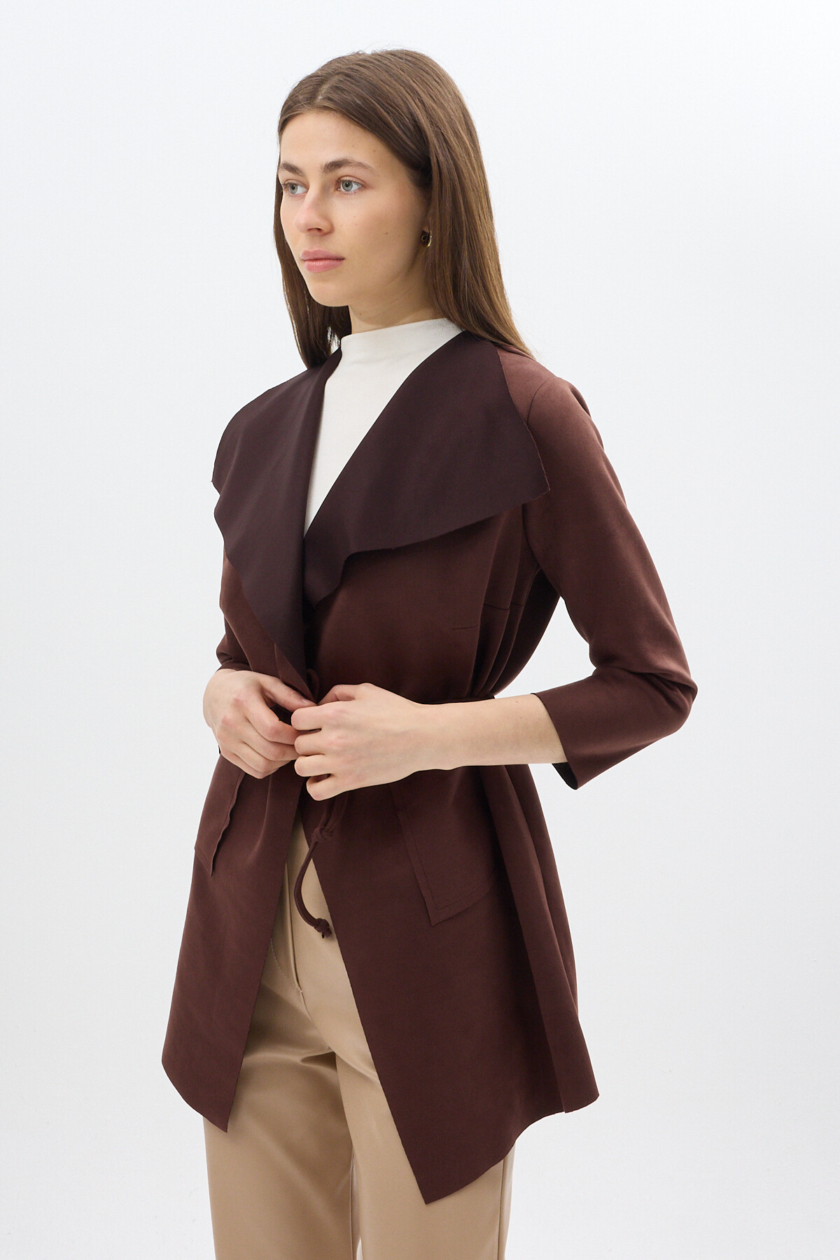 Kahverengi Bel Bağlamalı Şal Yaka Kadın Kaban 8472 - RAYS