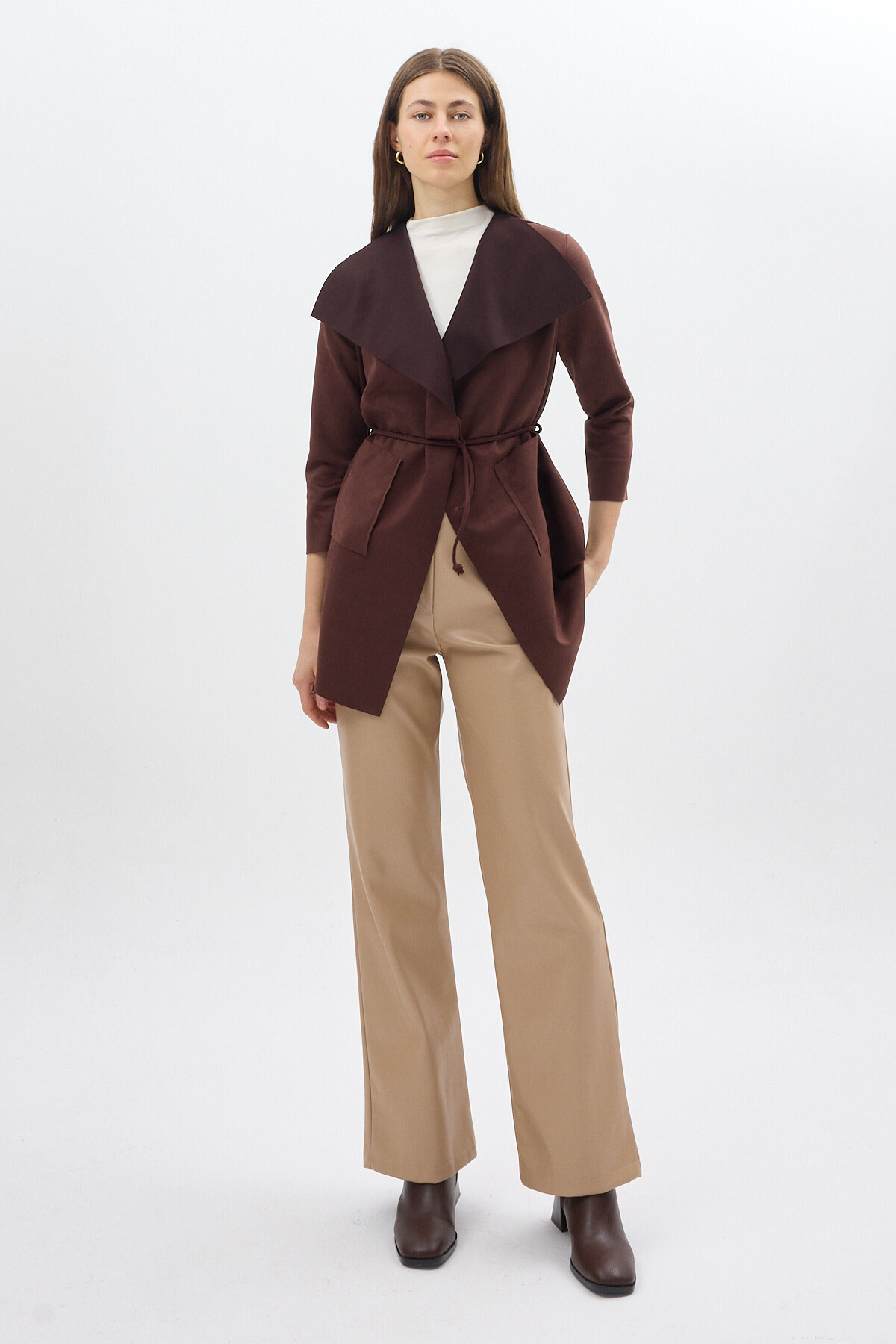 Kahverengi Bel Bağlamalı Şal Yaka Kadın Kaban 8472 - RAYS