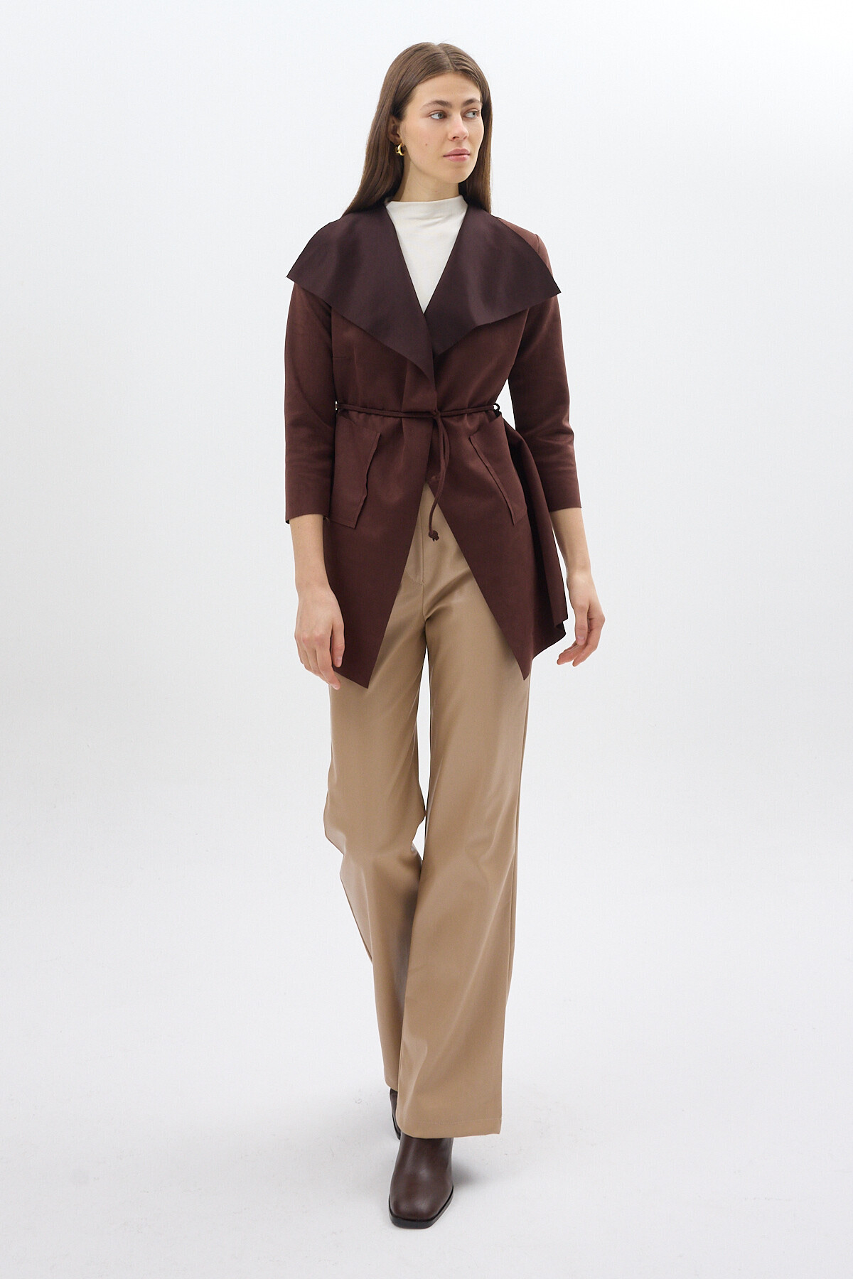 Kahverengi Bel Bağlamalı Şal Yaka Kadın Kaban 8472 - 7