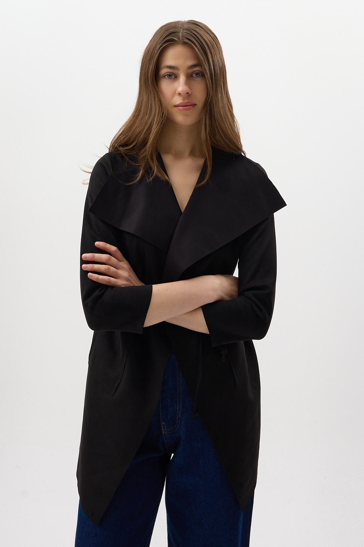 Siyah Bel Bağlamalı Şal Yaka Kadın Kaban 8472 - 6