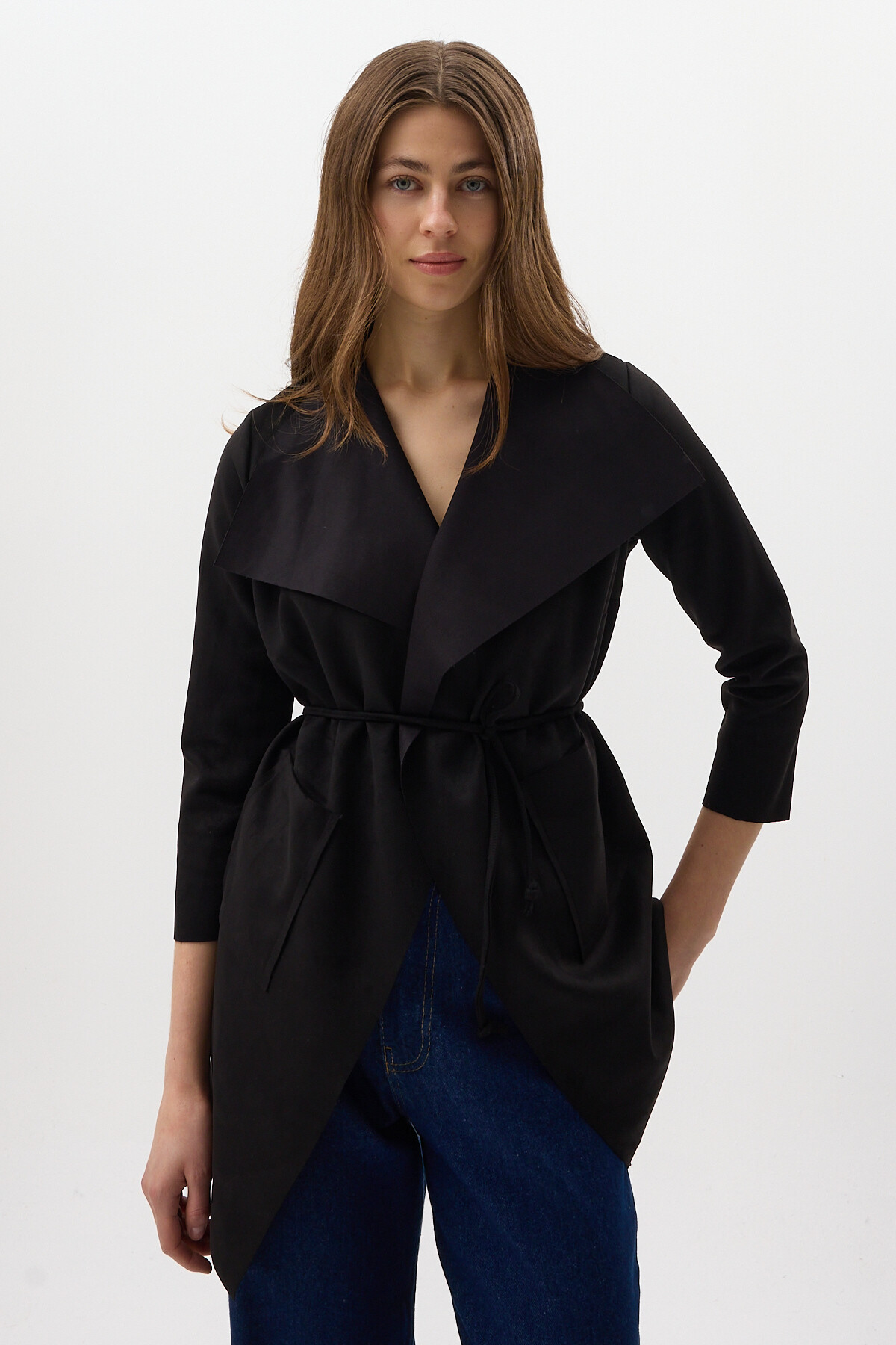 Siyah Bel Bağlamalı Şal Yaka Kadın Kaban 8472 - RAYS