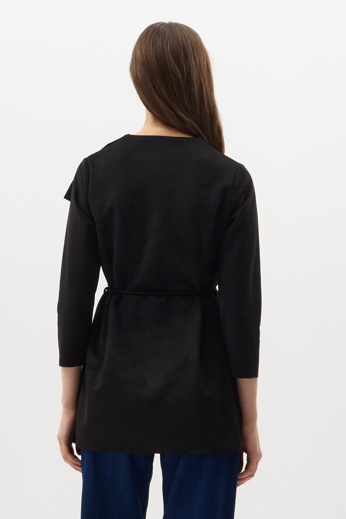 Siyah Bel Bağlamalı Şal Yaka Kadın Kaban 8472 - 5