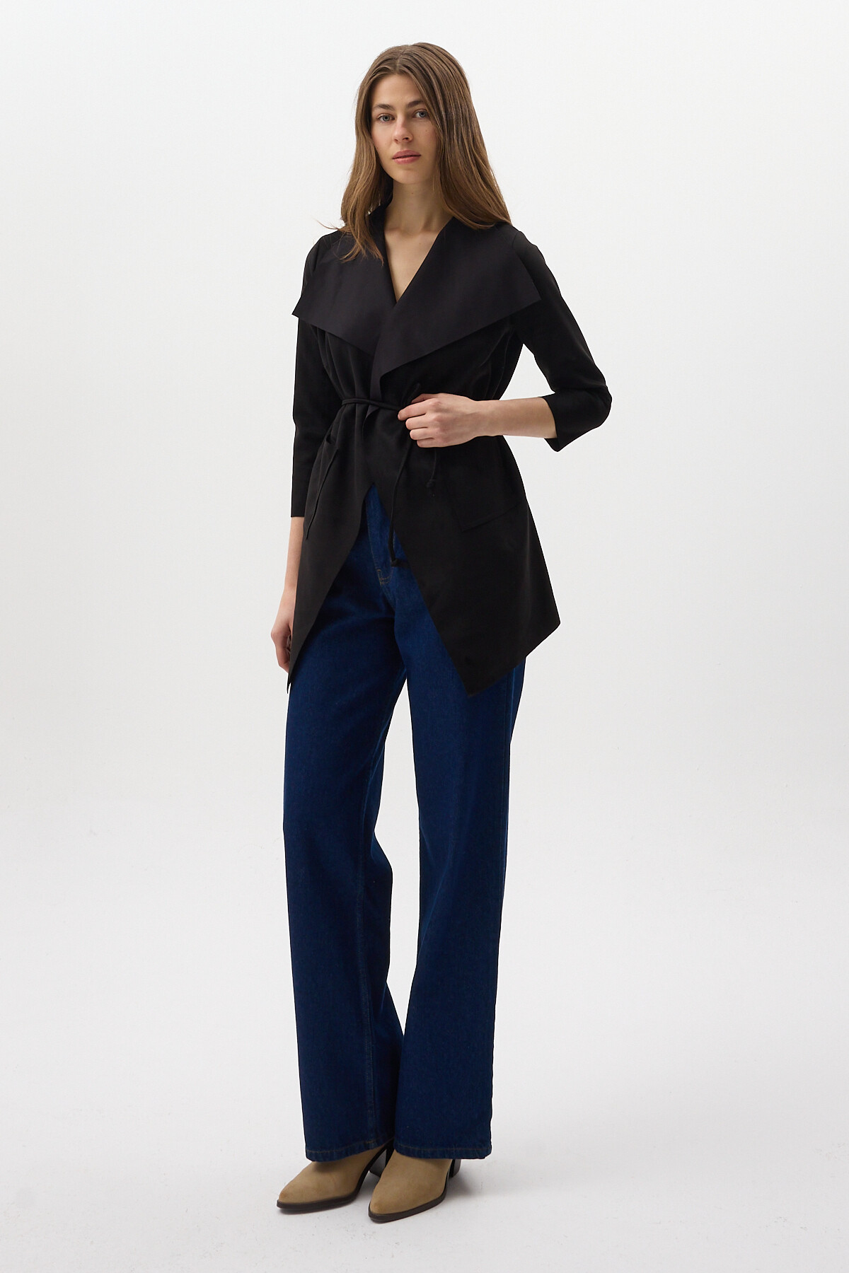 Siyah Bel Bağlamalı Şal Yaka Kadın Kaban 8472 - 7