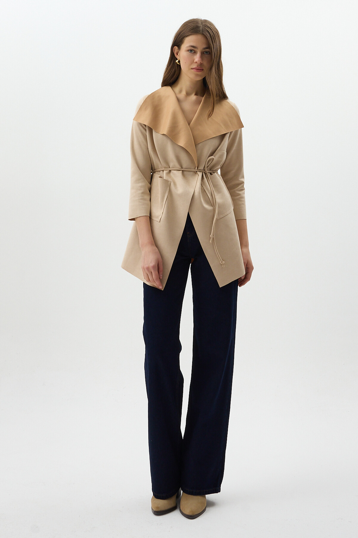 Taş Bel Bağlamalı Şal Yaka Kadın Kaban 8472 - 3