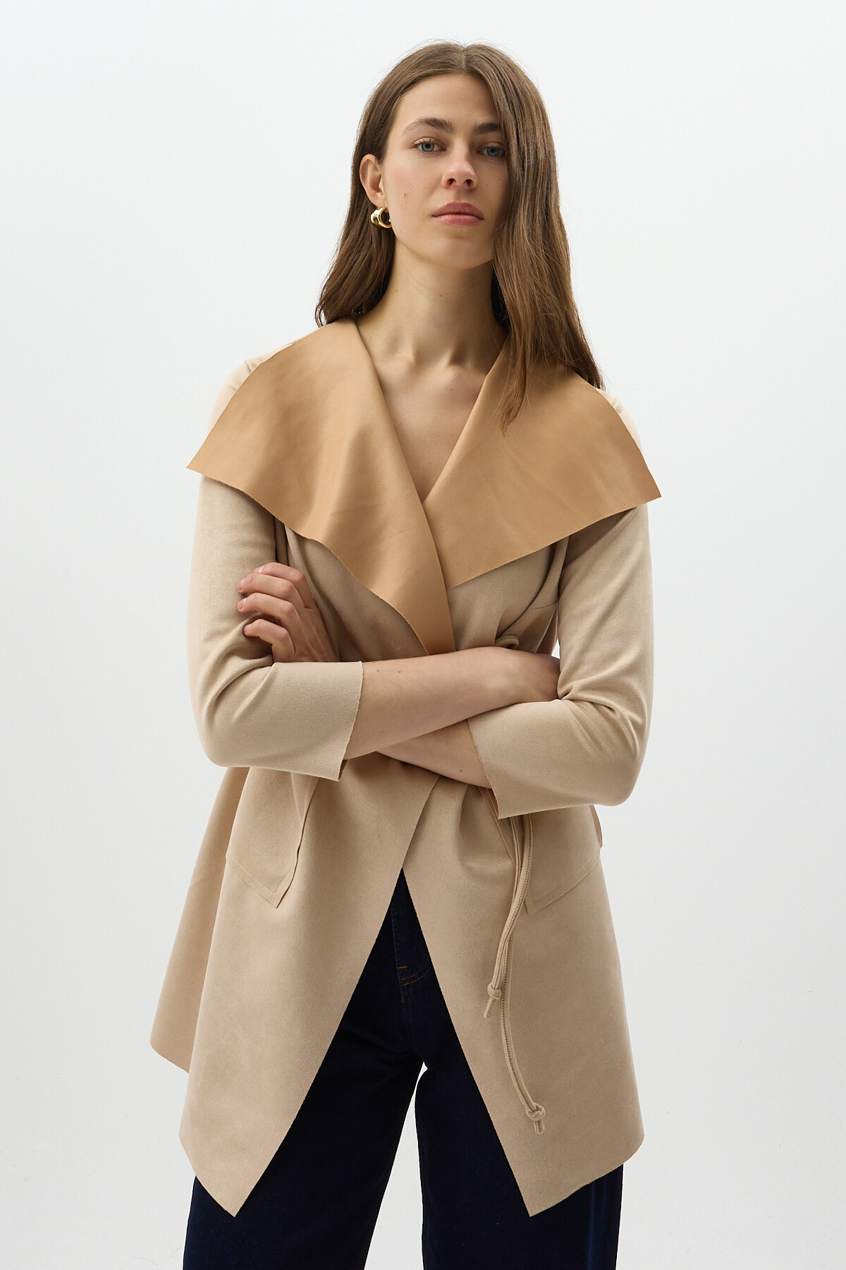 Taş Bel Bağlamalı Şal Yaka Kadın Kaban 8472 - 6