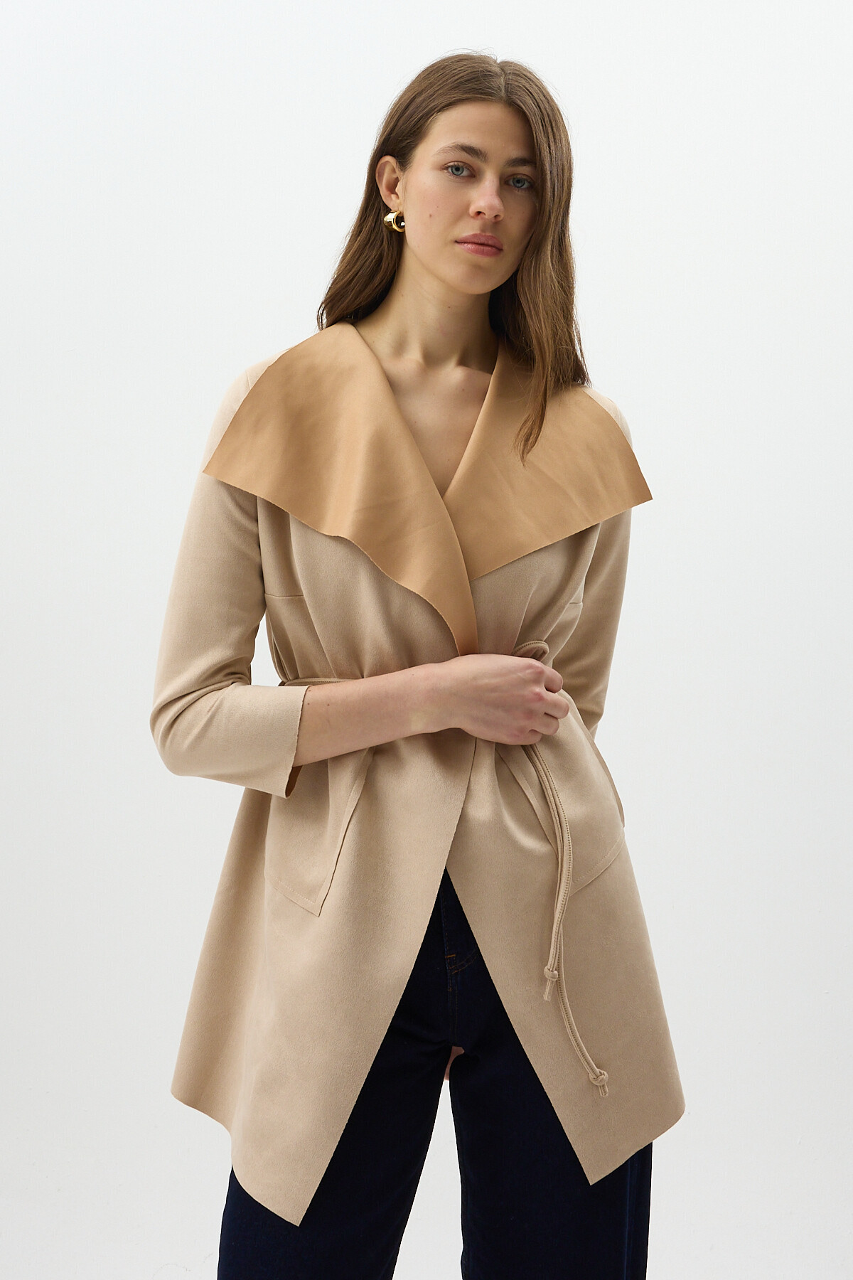 Taş Bel Bağlamalı Şal Yaka Kadın Kaban 8472 - 1