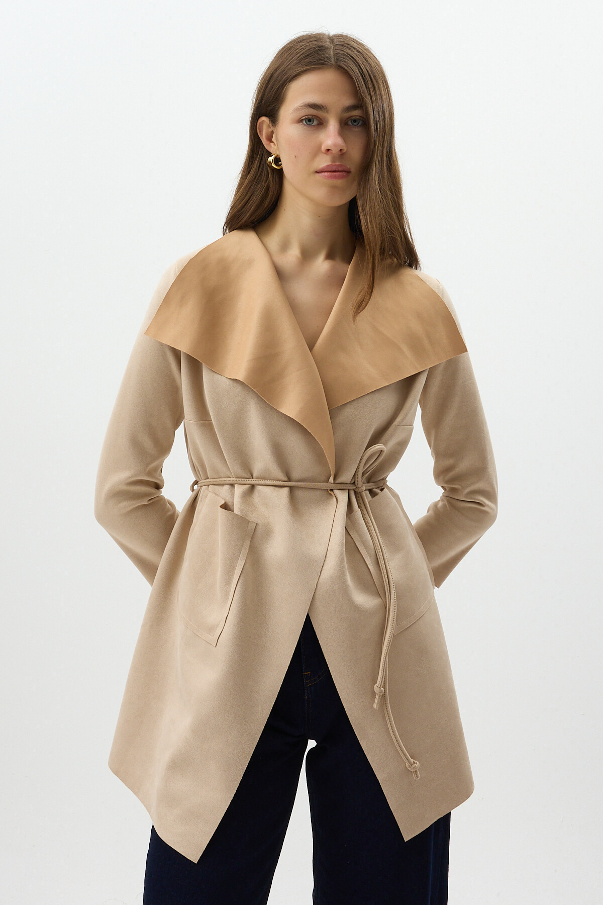 Taş Bel Bağlamalı Şal Yaka Kadın Kaban 8472 - RAYS