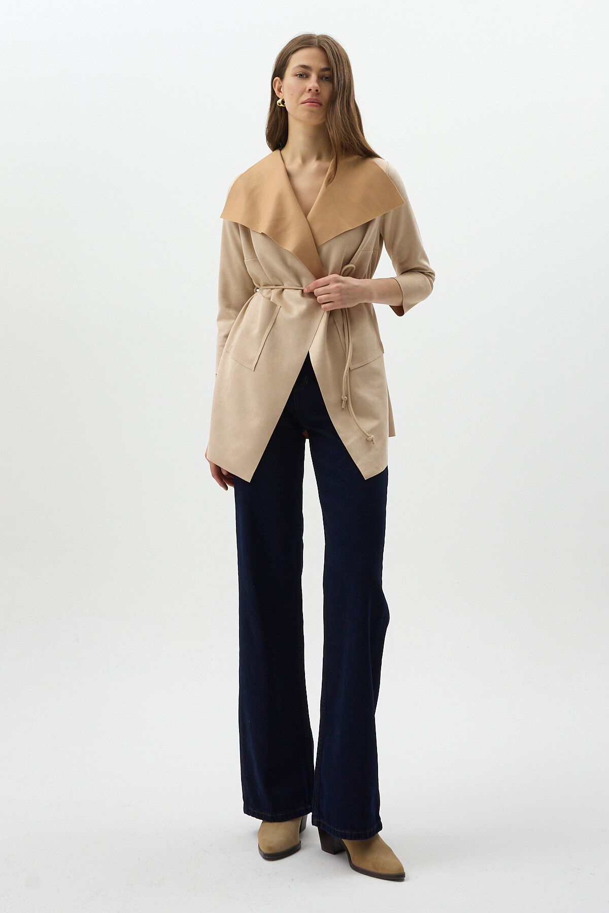 Taş Bel Bağlamalı Şal Yaka Kadın Kaban 8472 - 7