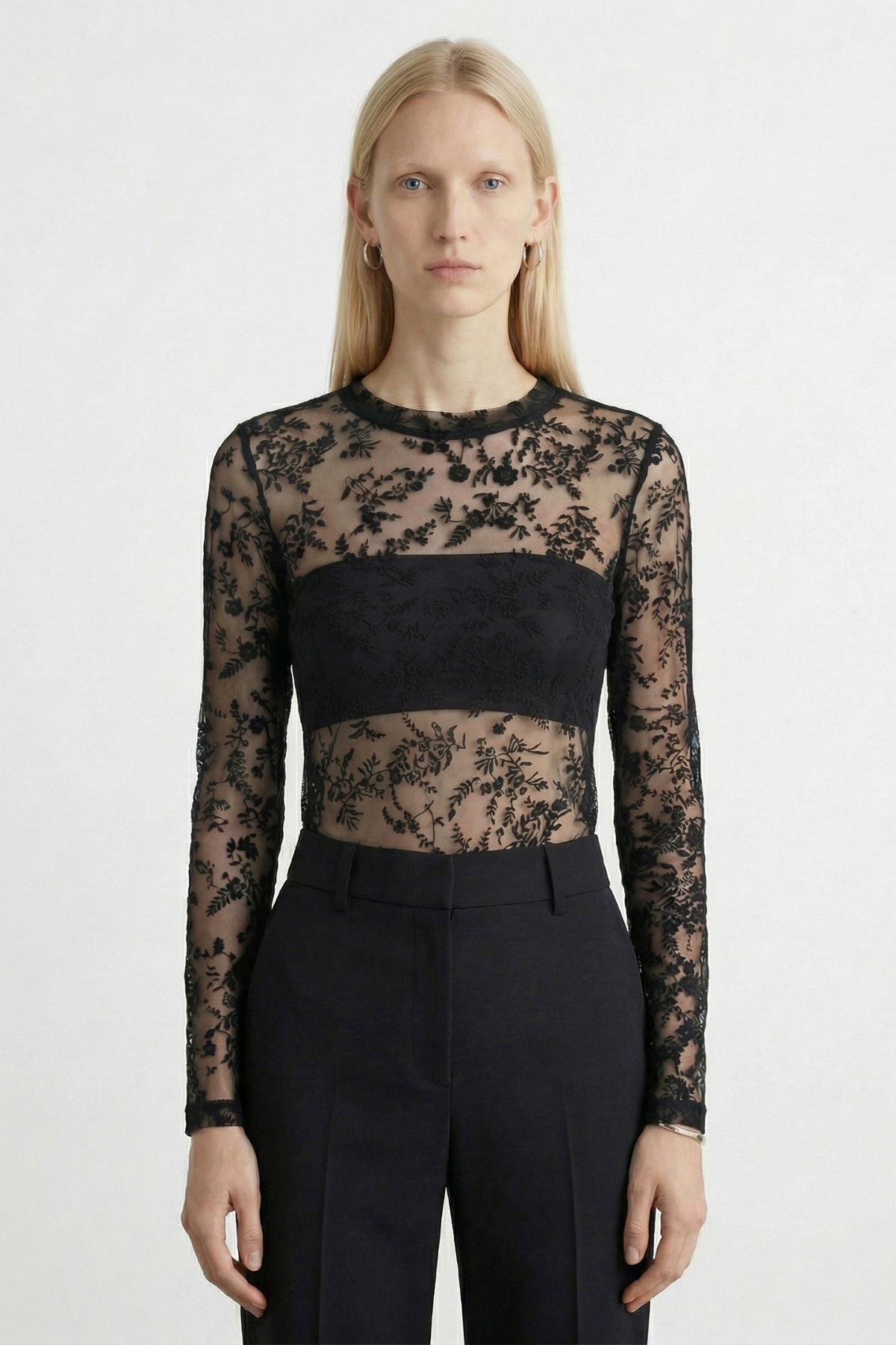 Siyah Uzun Kol Flok Bluz 8473A - 1