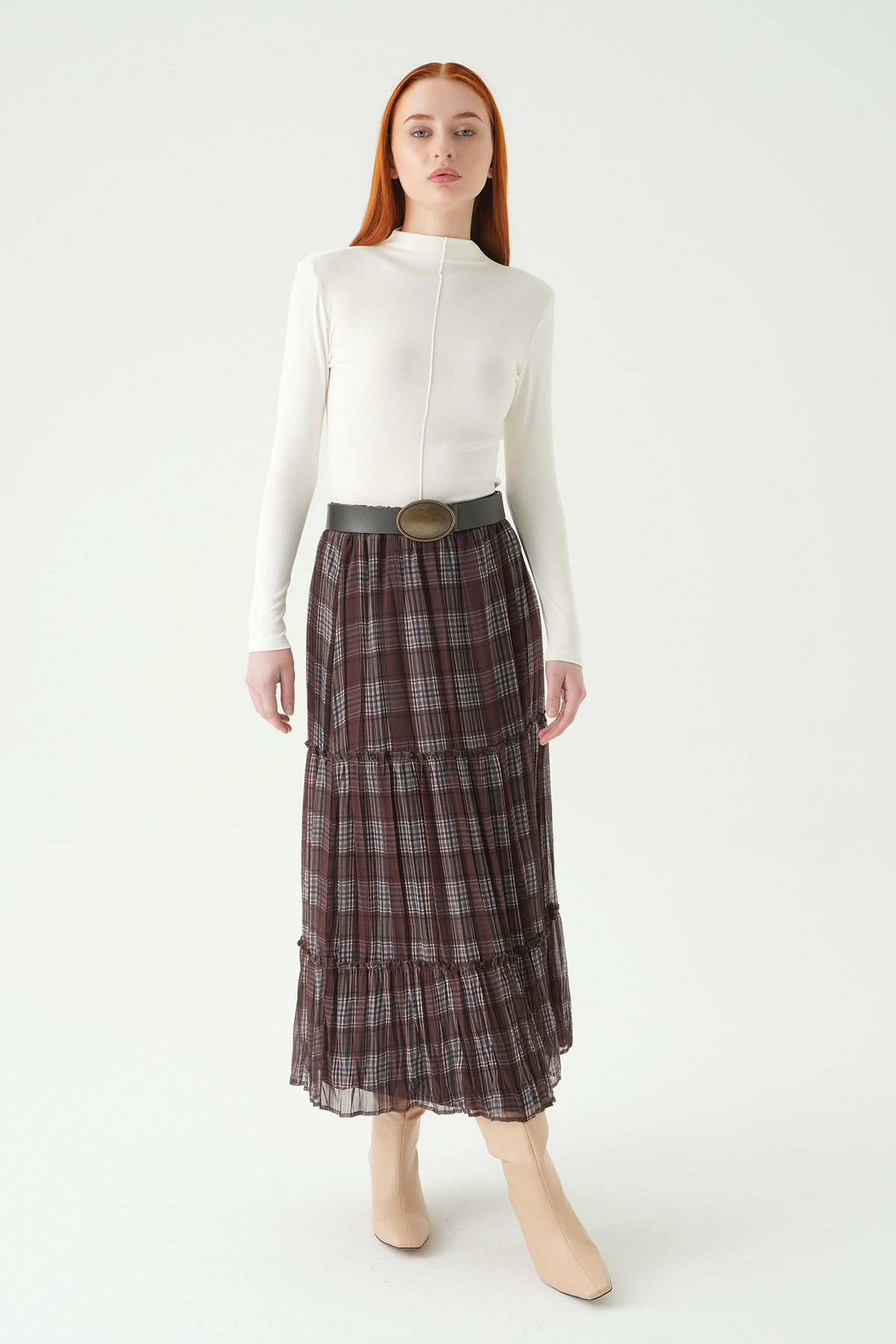 Kahve Bel Lastikli Desenli Etek 8483A 