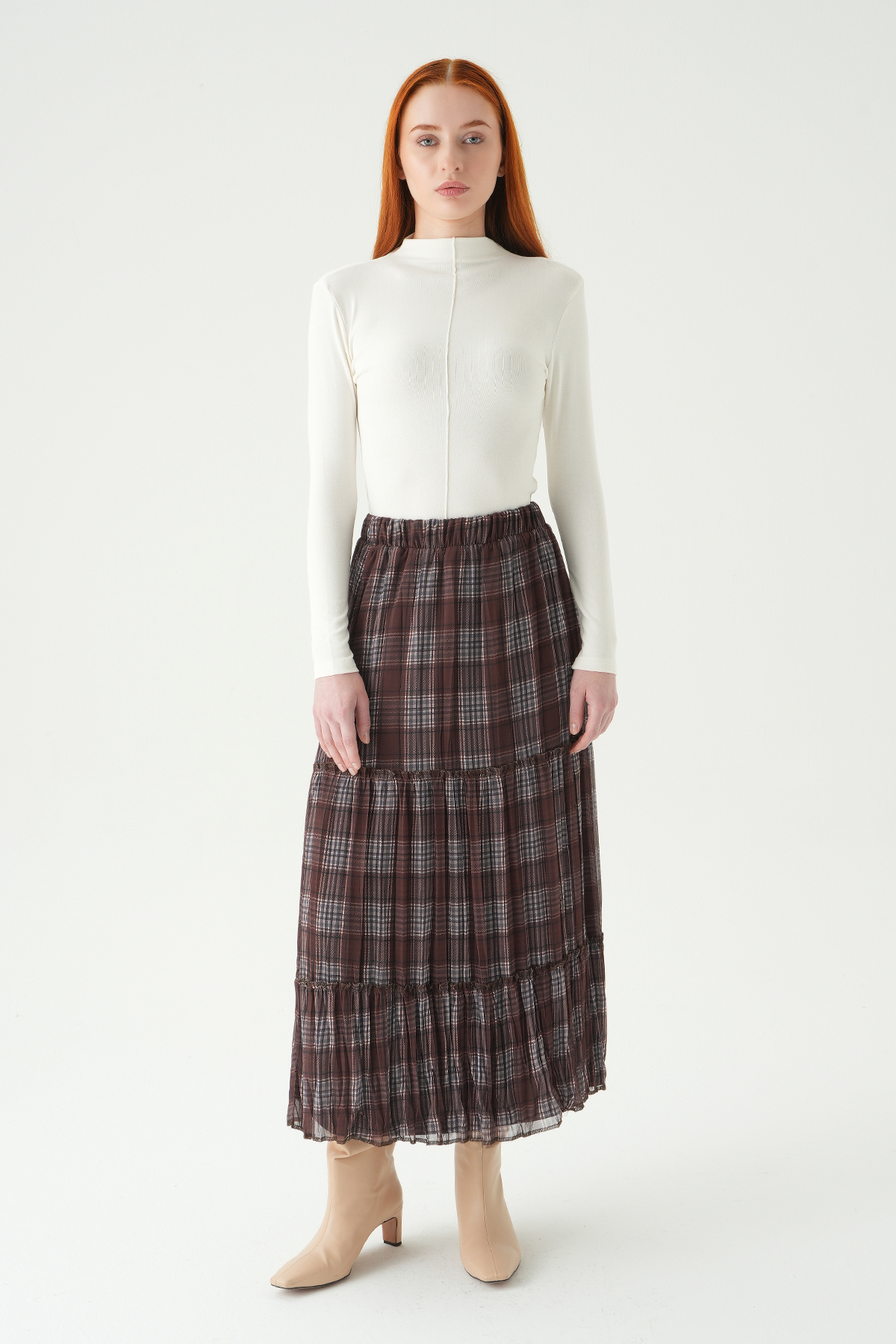 Kahve Bel Lastikli Desenli Etek 8483A - 2