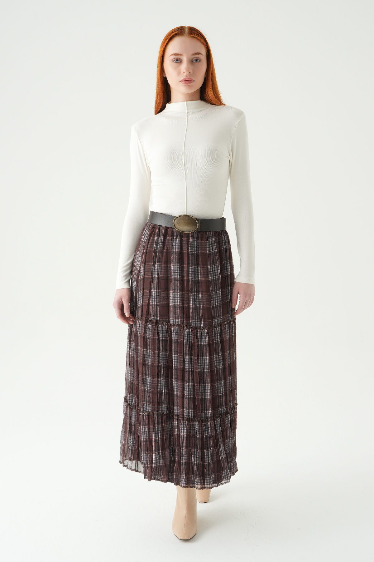 Kahve Bel Lastikli Desenli Etek 8483A - 3