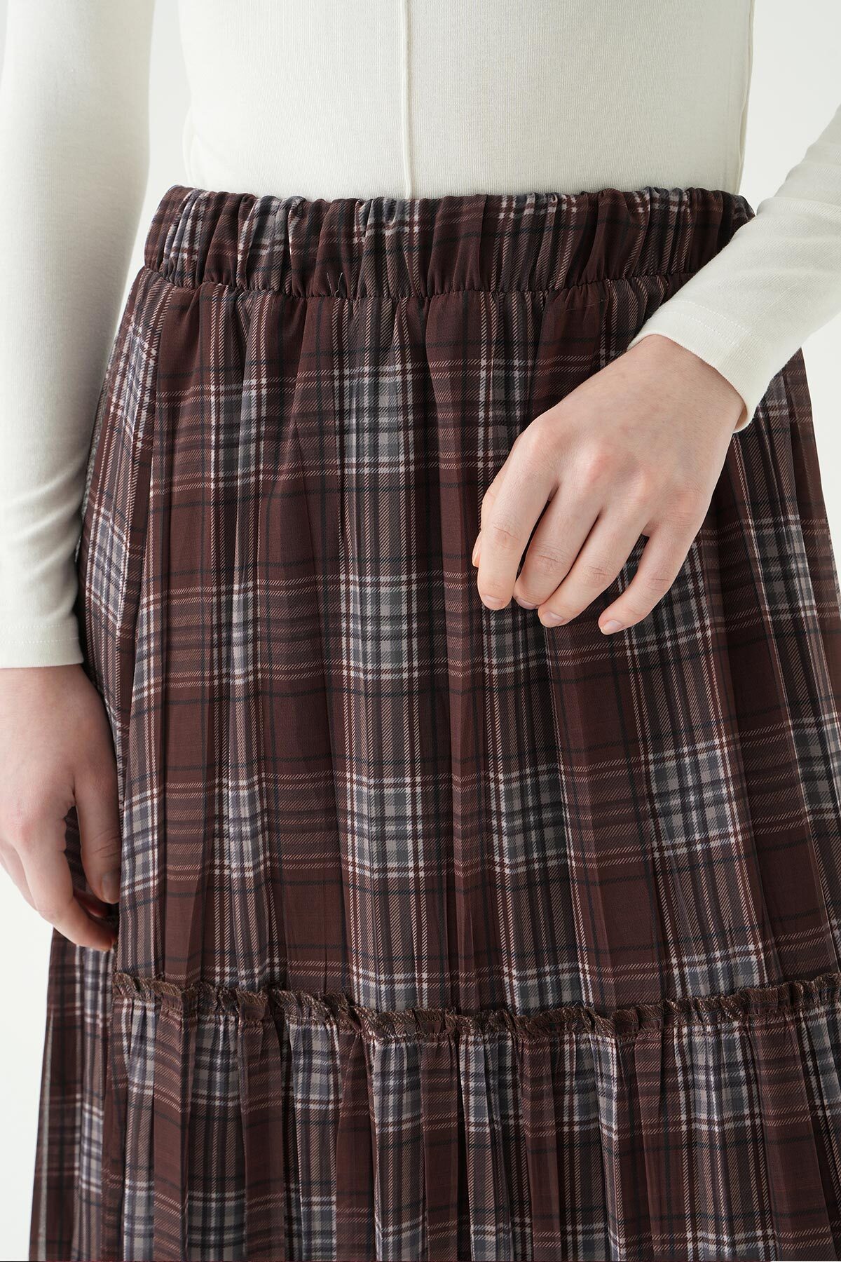 Kahve Bel Lastikli Desenli Etek 8483A - 4