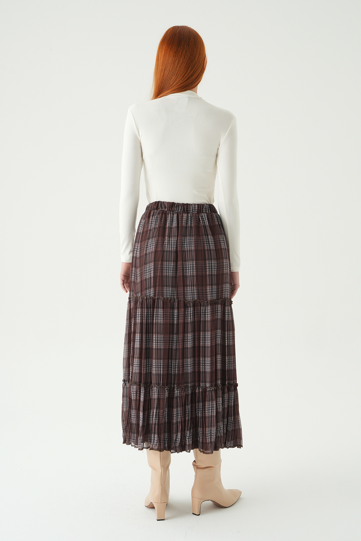 Kahve Bel Lastikli Desenli Etek 8483A - 5