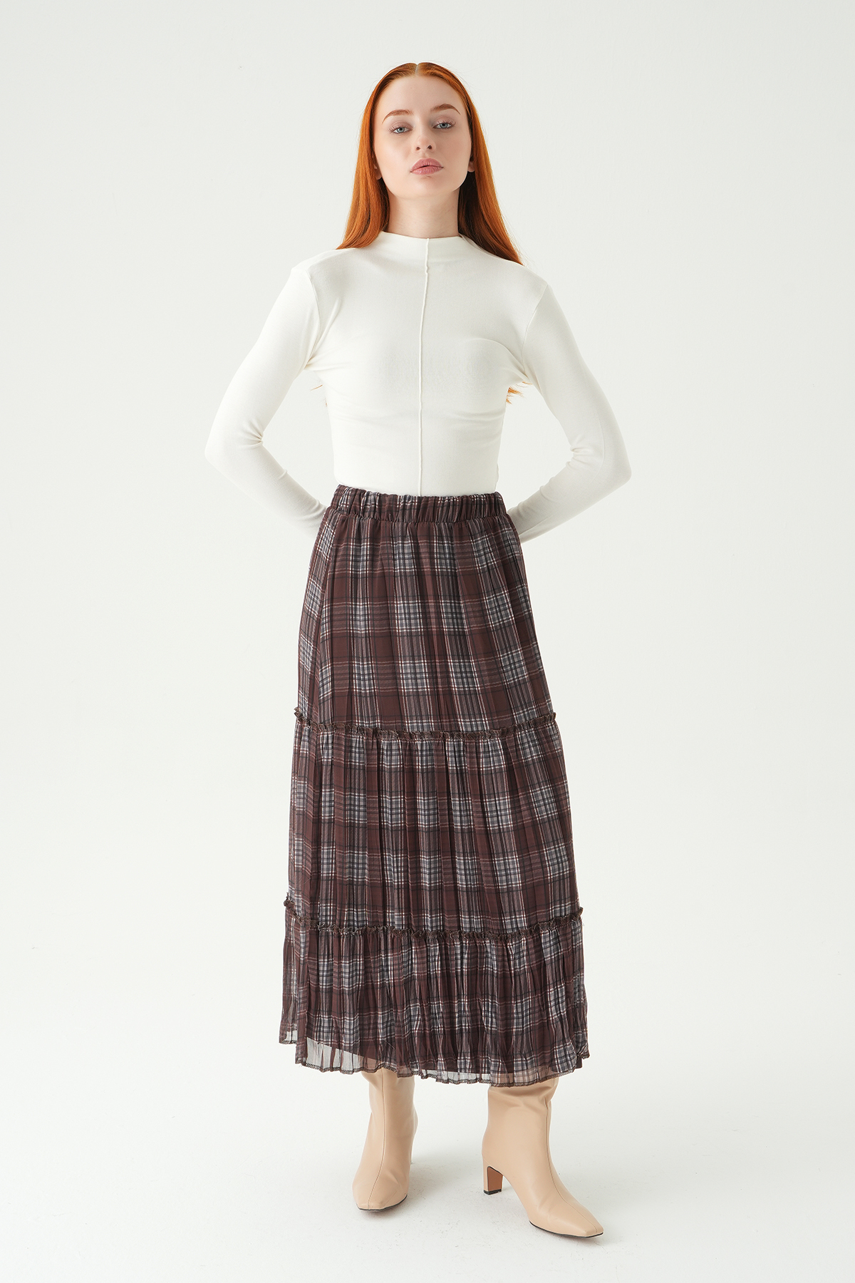 Kahve Bel Lastikli Desenli Etek 8483A - 6