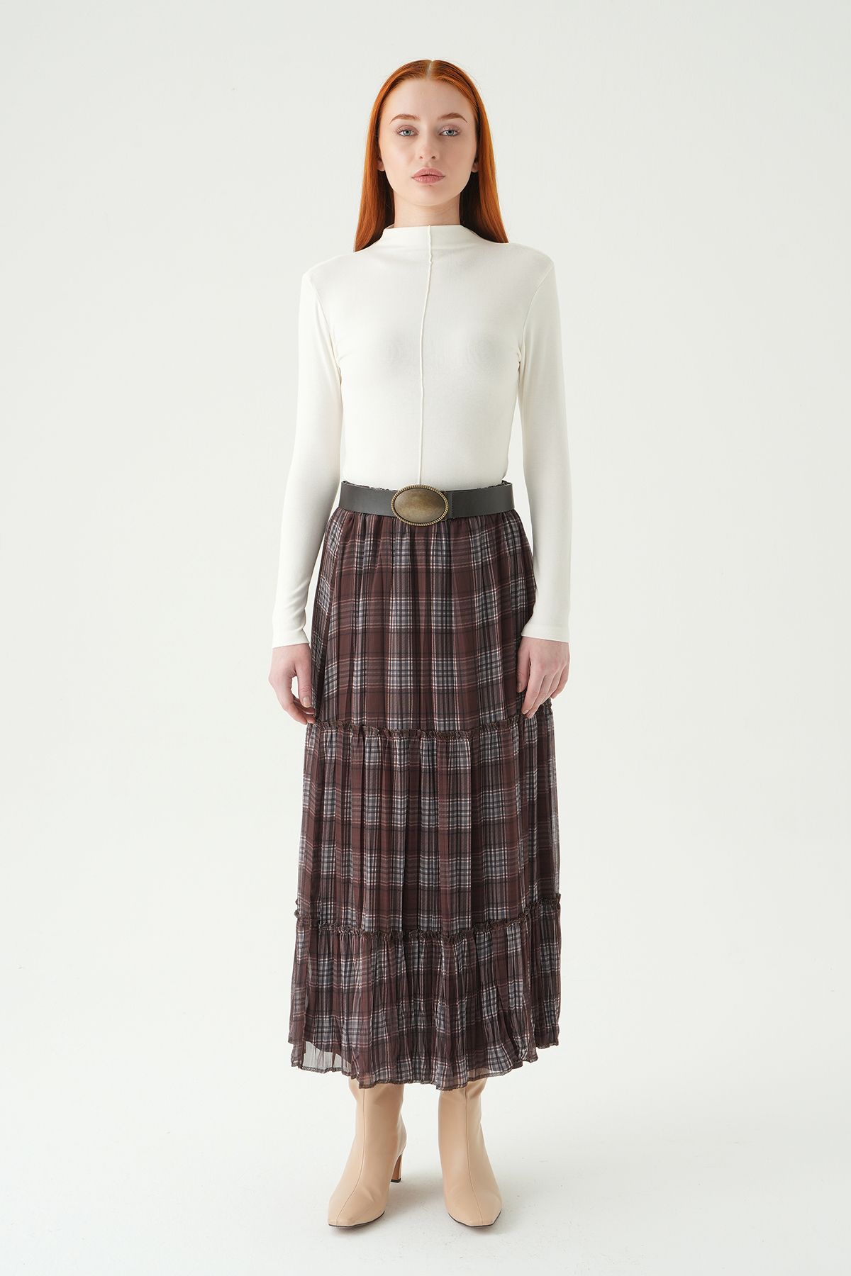 Kahve Bel Lastikli Desenli Etek 8483A - 7