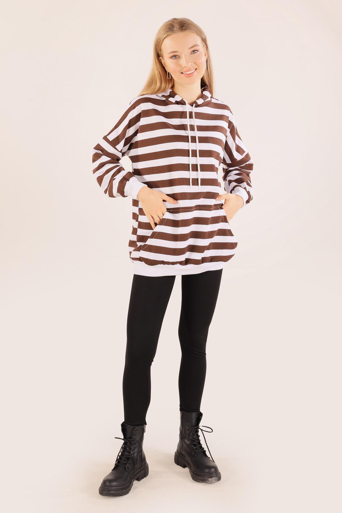 1770 Kapüşonlu Çizgili Sweat Acı Kahve - 2