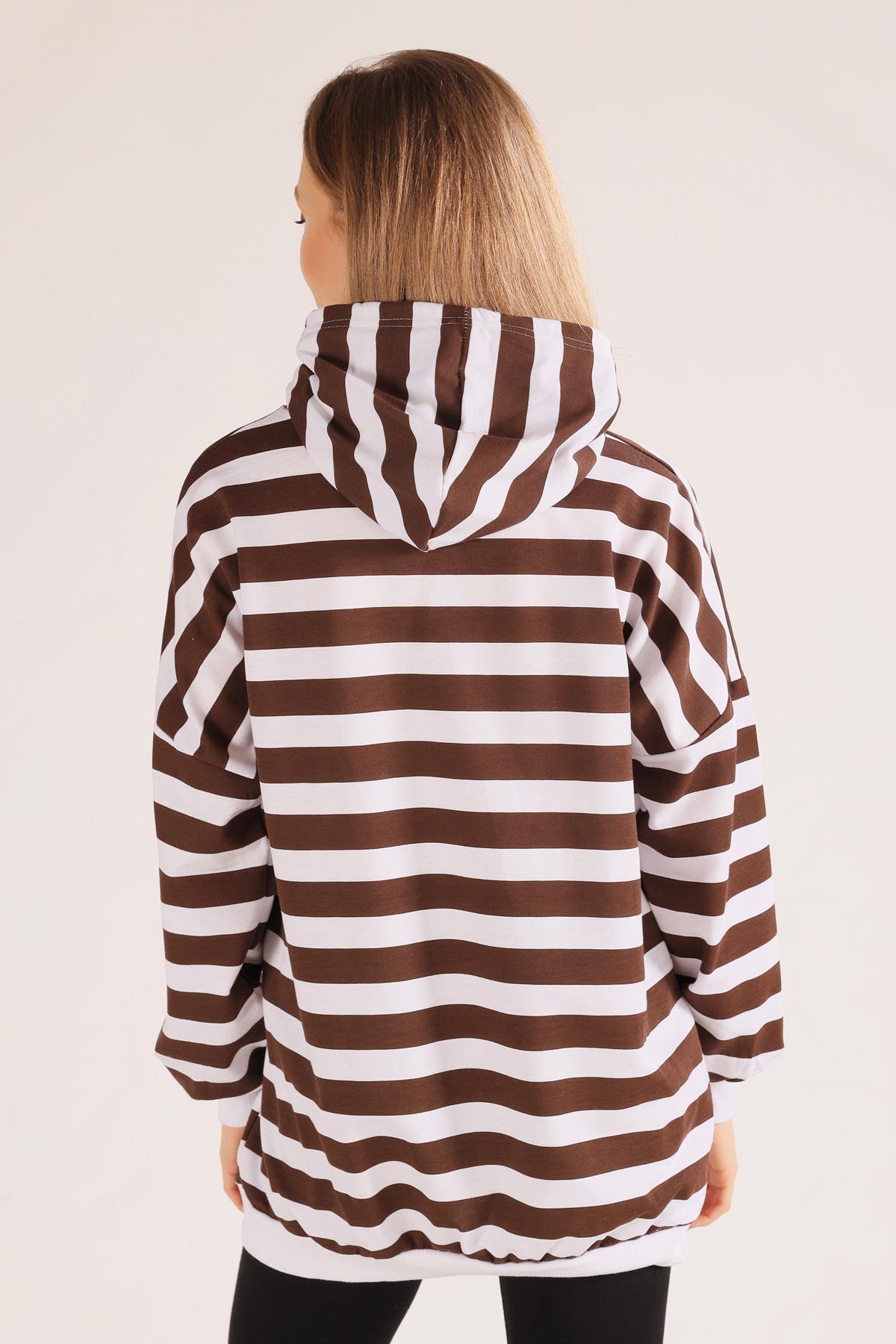 1770 Kapüşonlu Çizgili Sweat Acı Kahve - 4