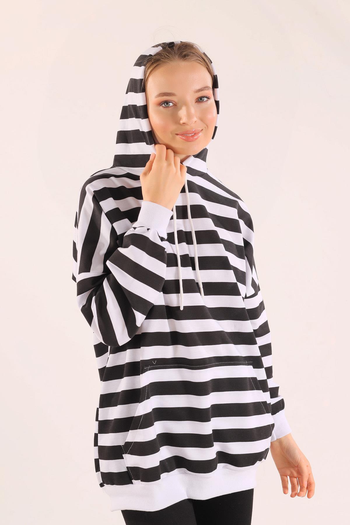 1770 Kapüşonlu Çizgili Sweat Siyah - 5