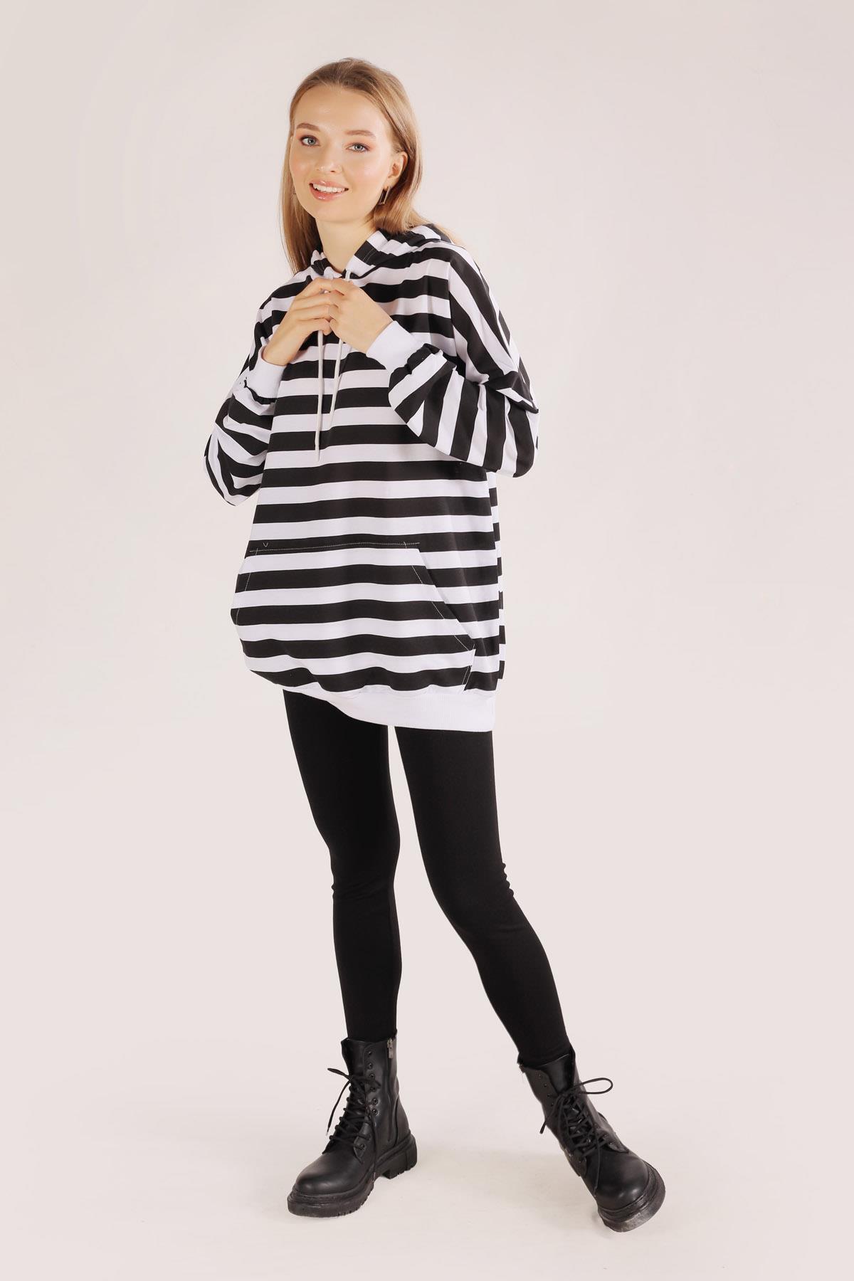 1770 Kapüşonlu Çizgili Sweat Siyah - 8