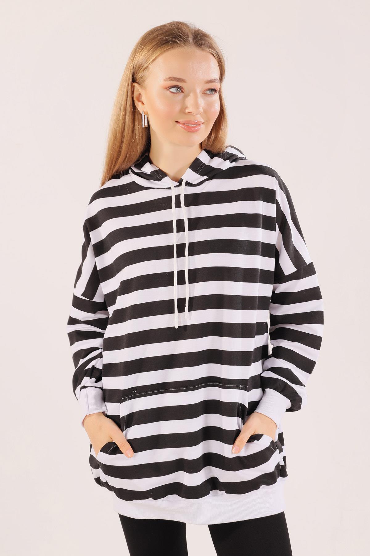 1770 Kapüşonlu Çizgili Sweat Siyah - 2