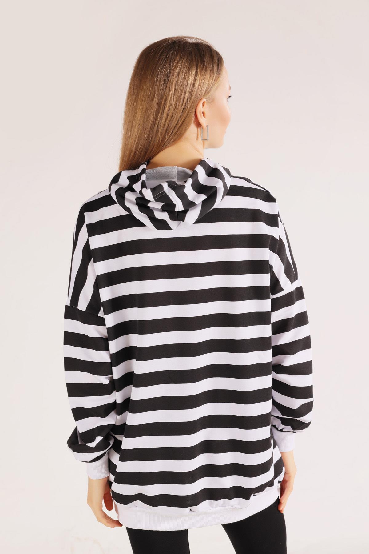 1770 Kapüşonlu Çizgili Sweat Siyah - 4