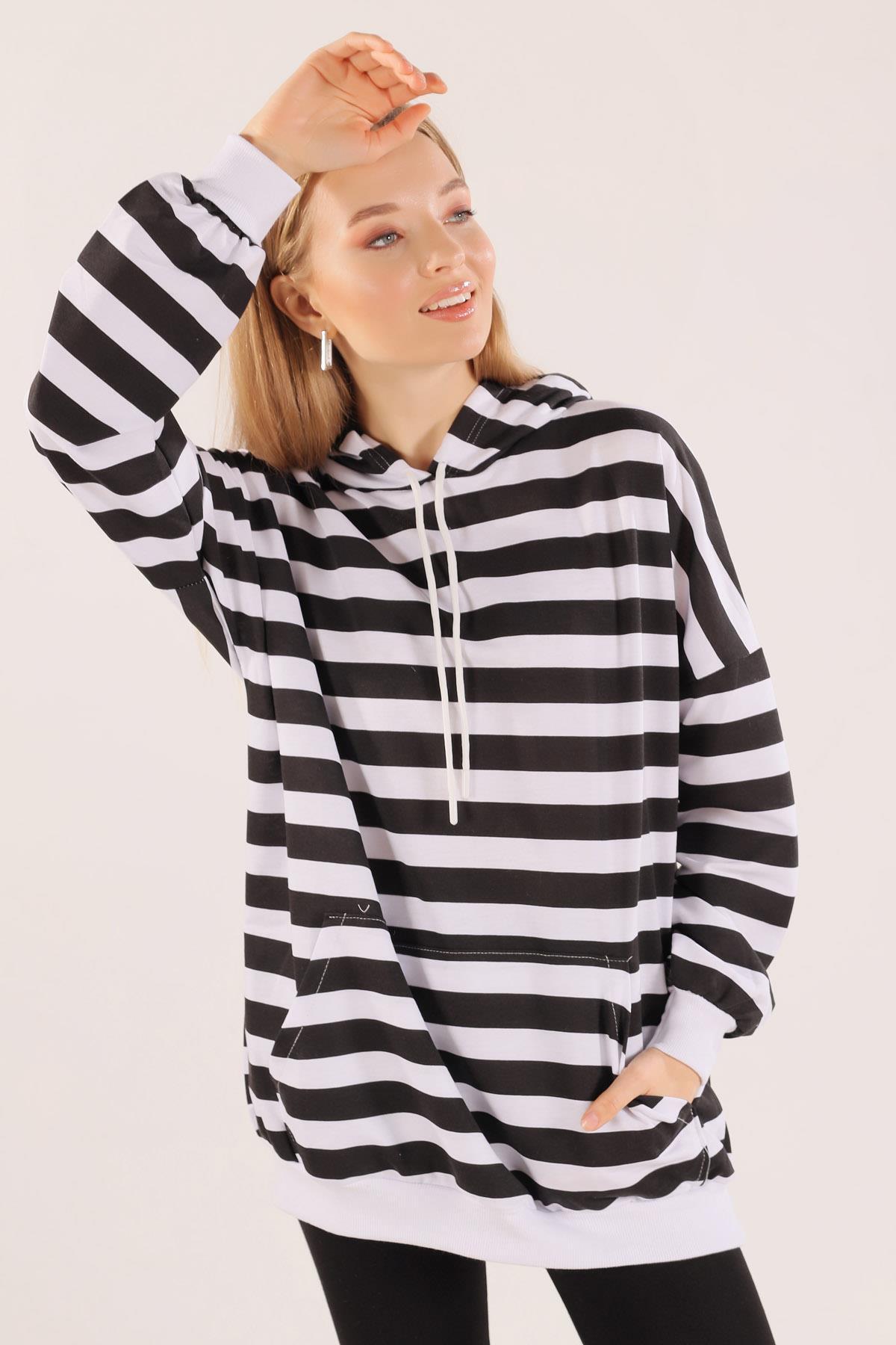 Siyah Kapüşonlu Çizgili Sweat 1770 - 3