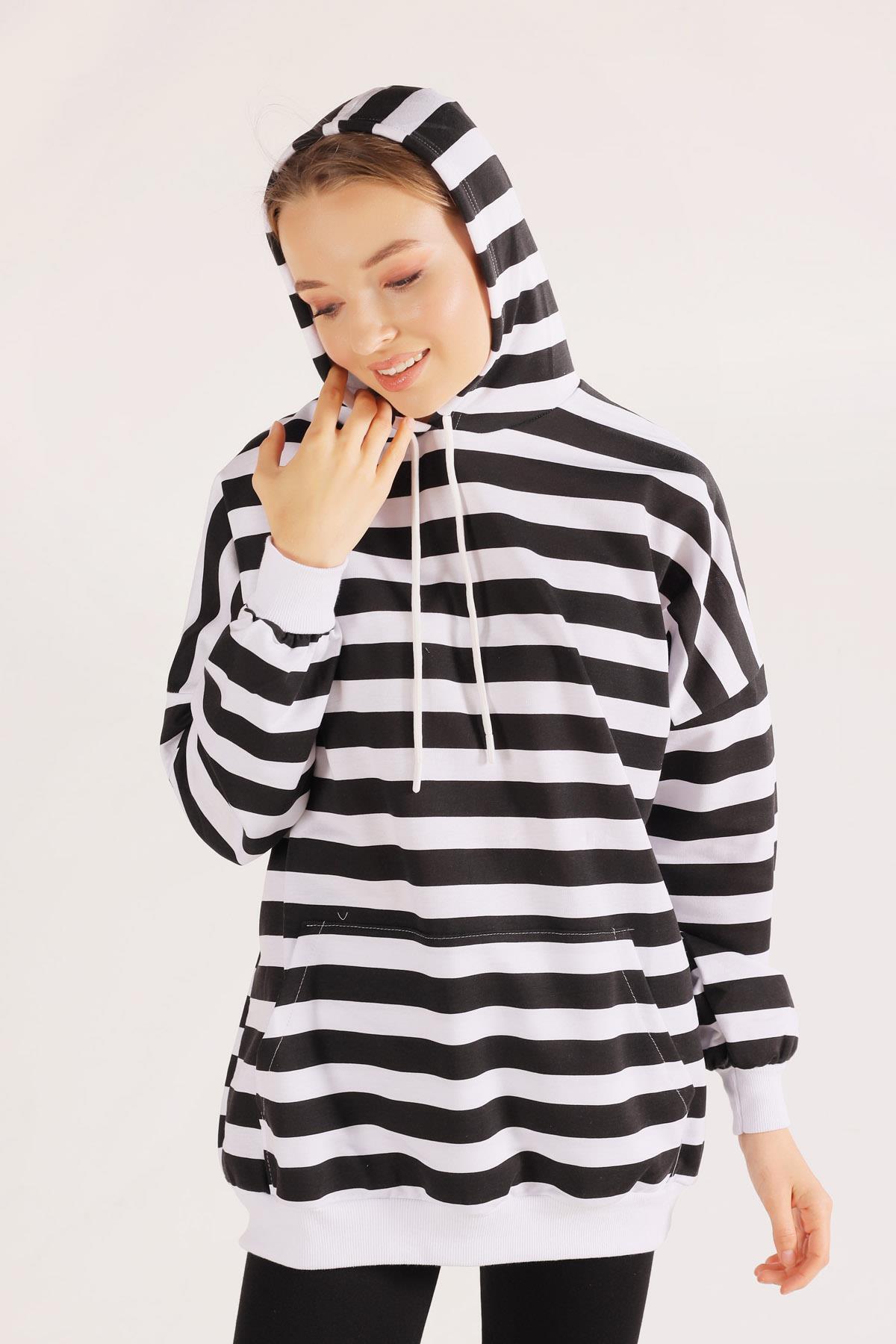 Siyah Kapüşonlu Çizgili Sweat 1770 - 6