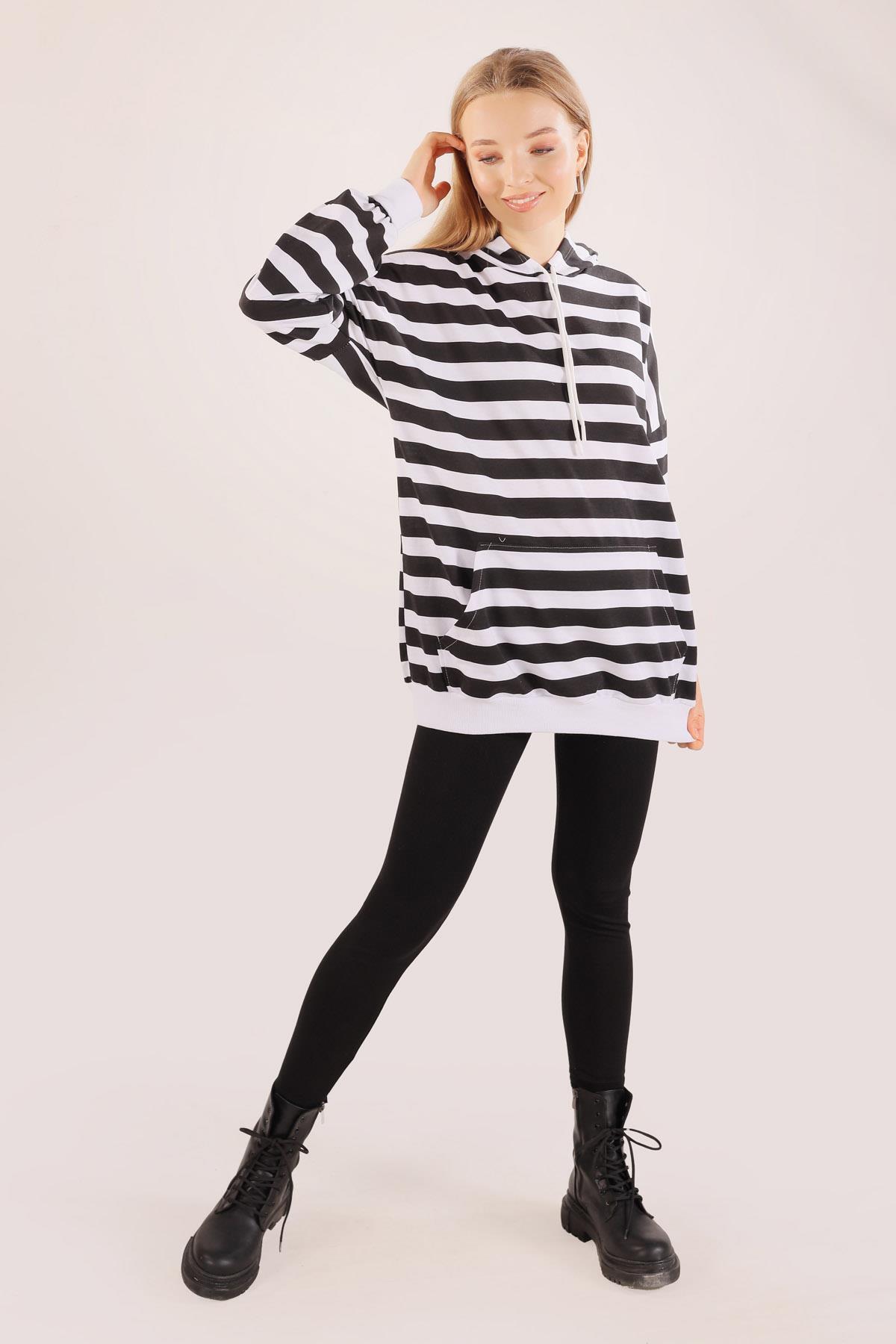 Siyah Kapüşonlu Çizgili Sweat 1770 - 7