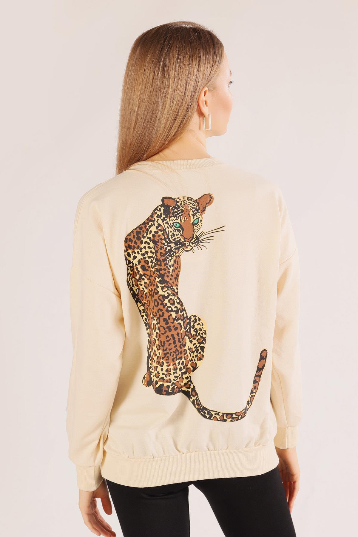8632 Arkası Kaplan Baskı Sweat Bej - 1