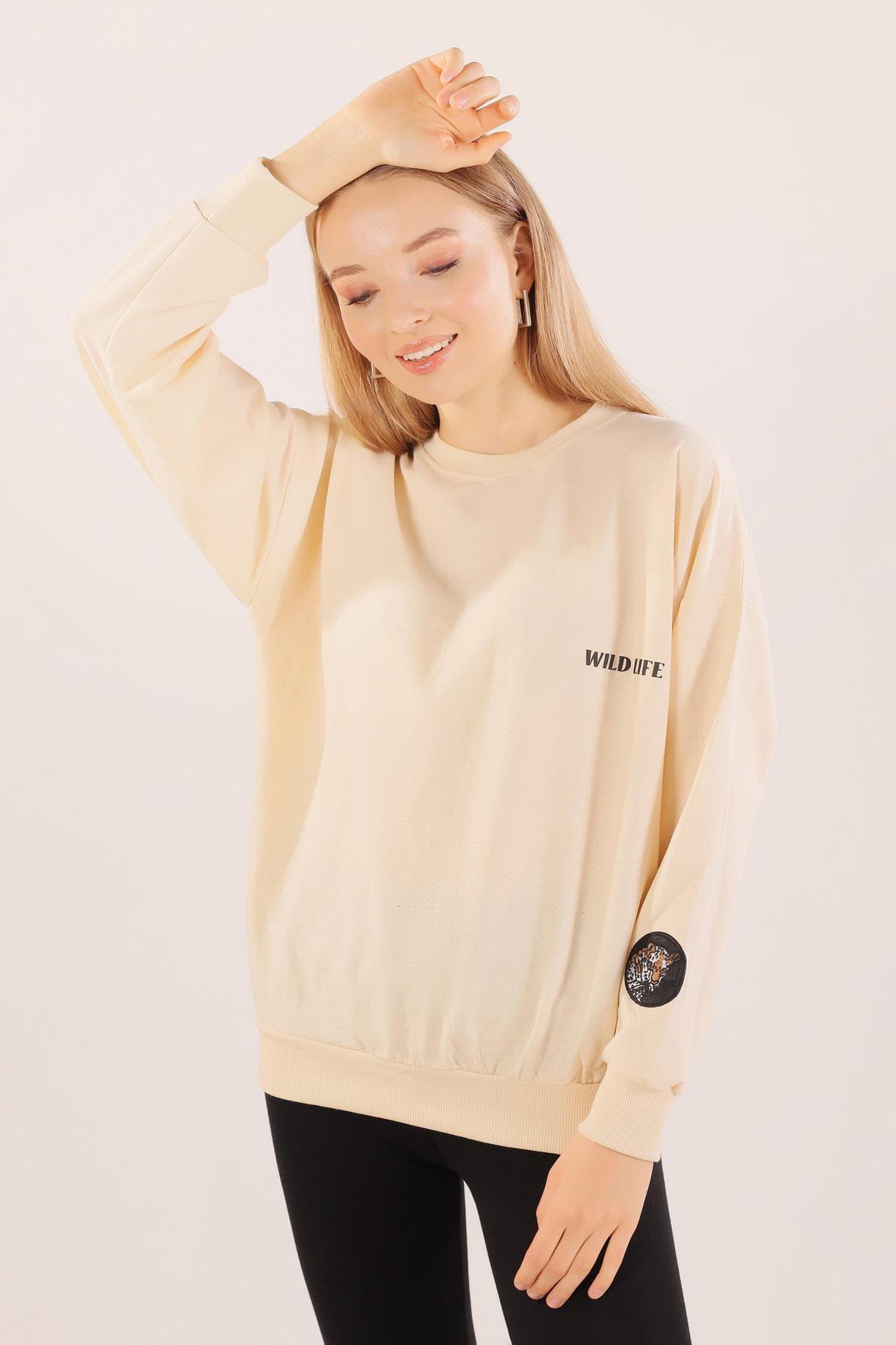 8632 Arkası Kaplan Baskı Sweat Bej - 5